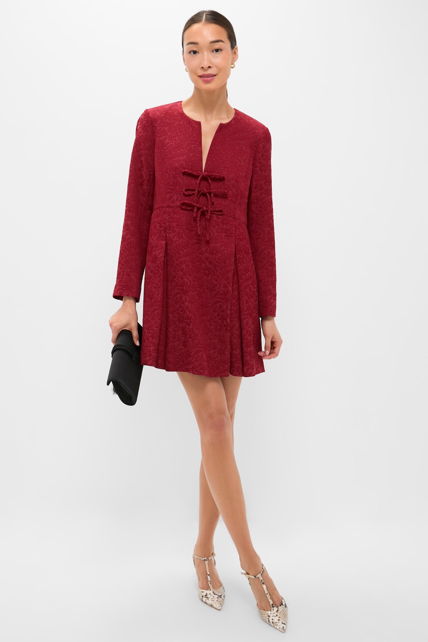 Cranberry Jacquard Blair Bow Coat Dress-Beilave