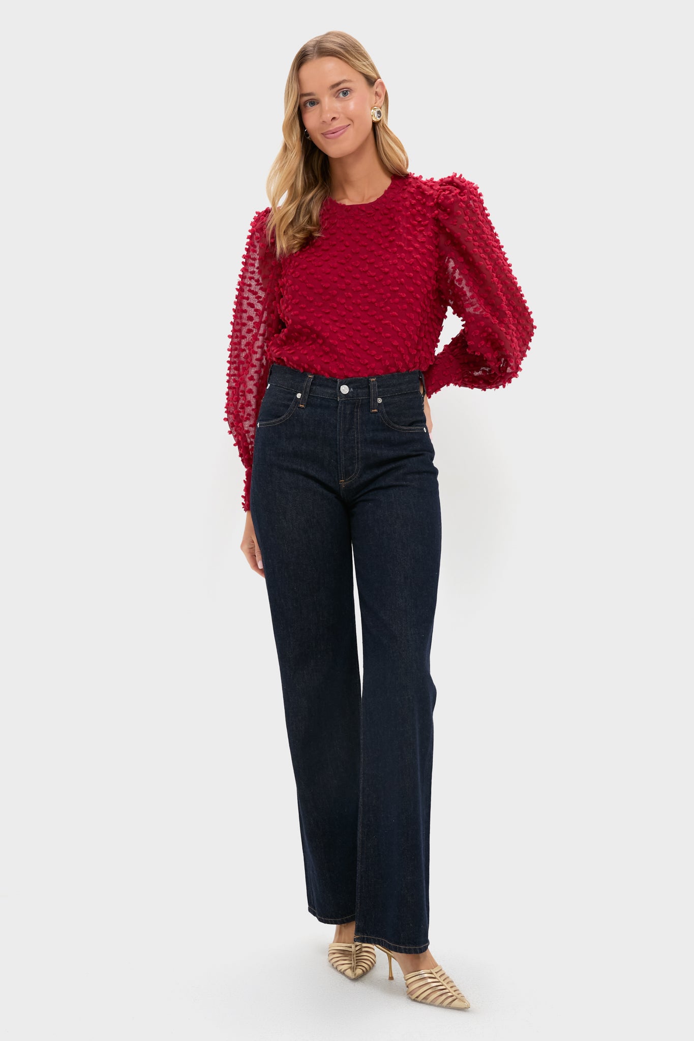 Red Textured Long Sleeve Harriet Blouse-Beilave