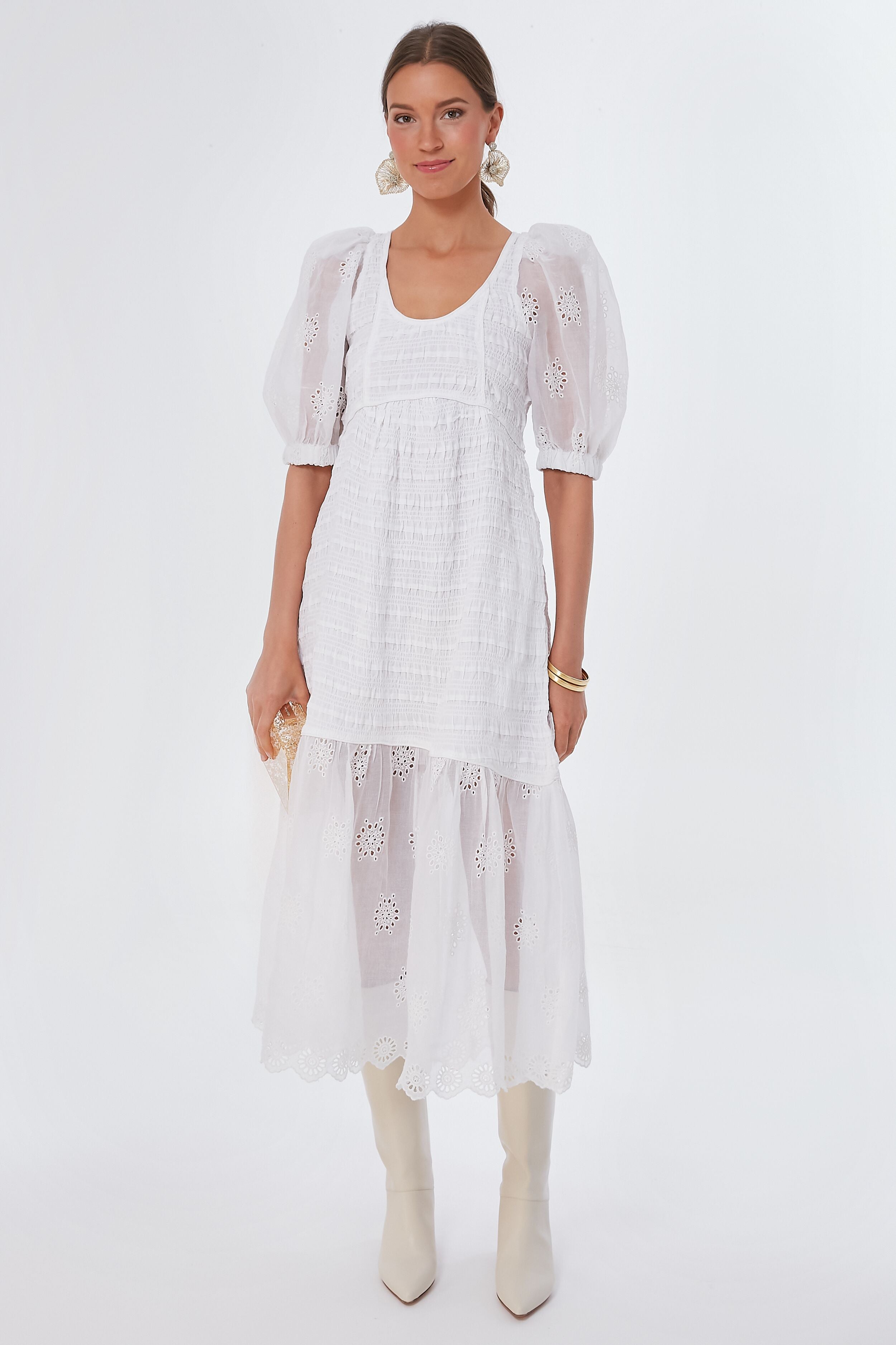 Eggshell Blaine Eyelet Puff Sleeve Smocked Dress-Beilave