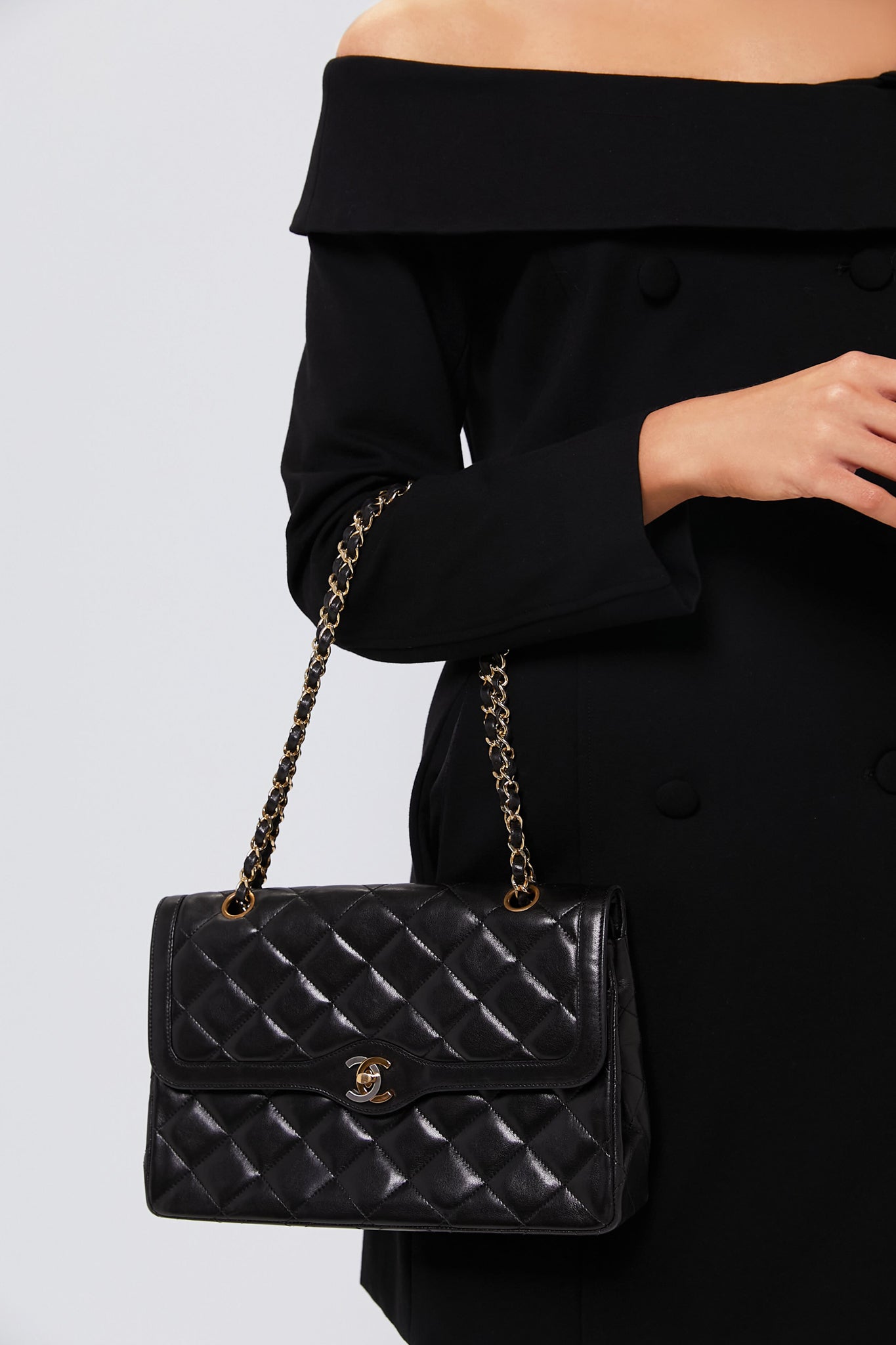 CHANEL Black Lambskin Quilted Medium Paris Limited Double Flap Shoulder Bag-Beilave