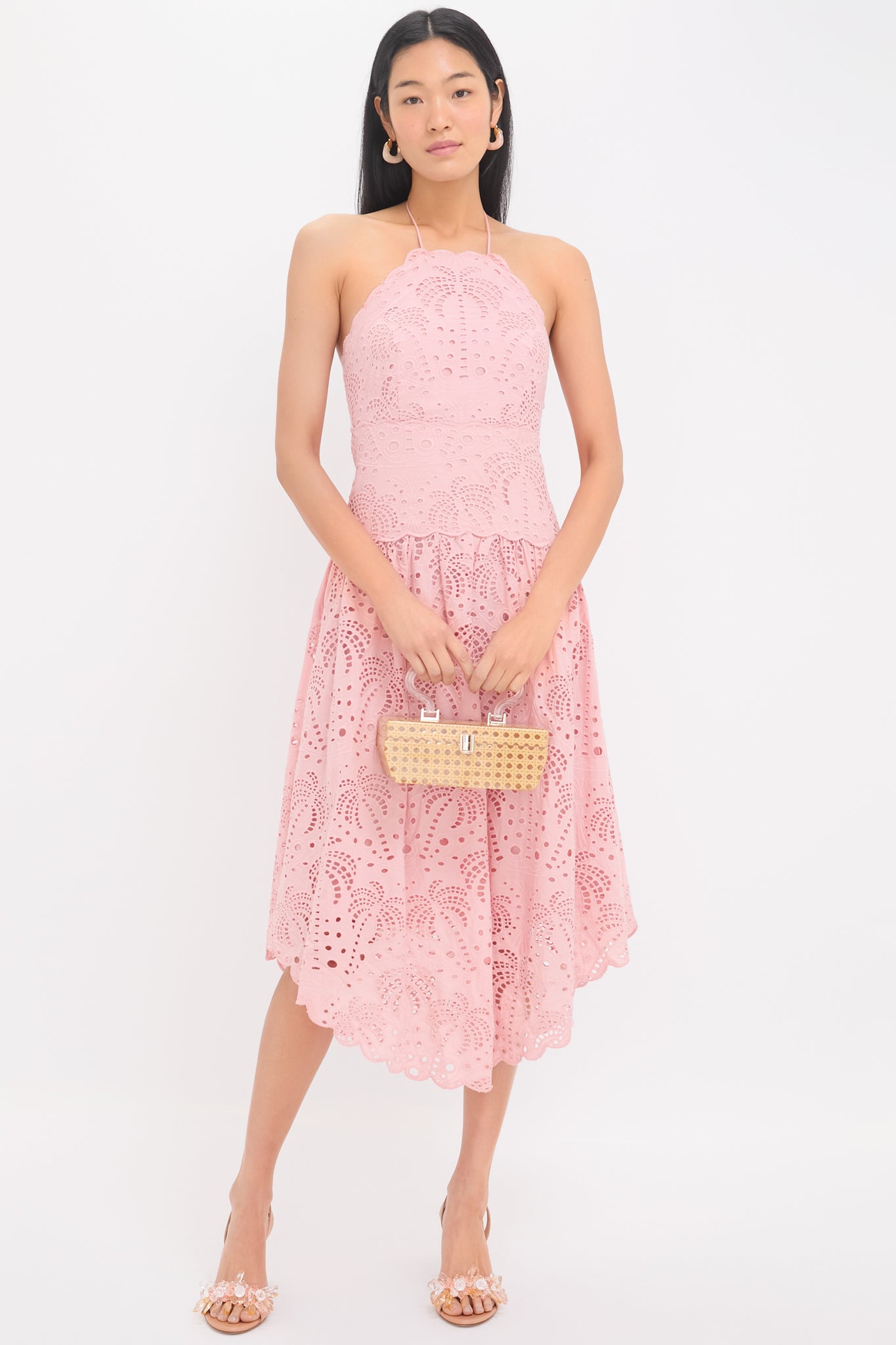 Palm Tree Eyelet Blush Pink Sleeveless Midi Dress-Beilave