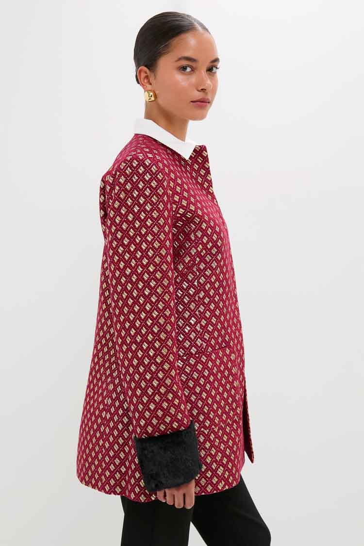 Burgundy and Gold Lea Geom Fur Jacket-Beilave