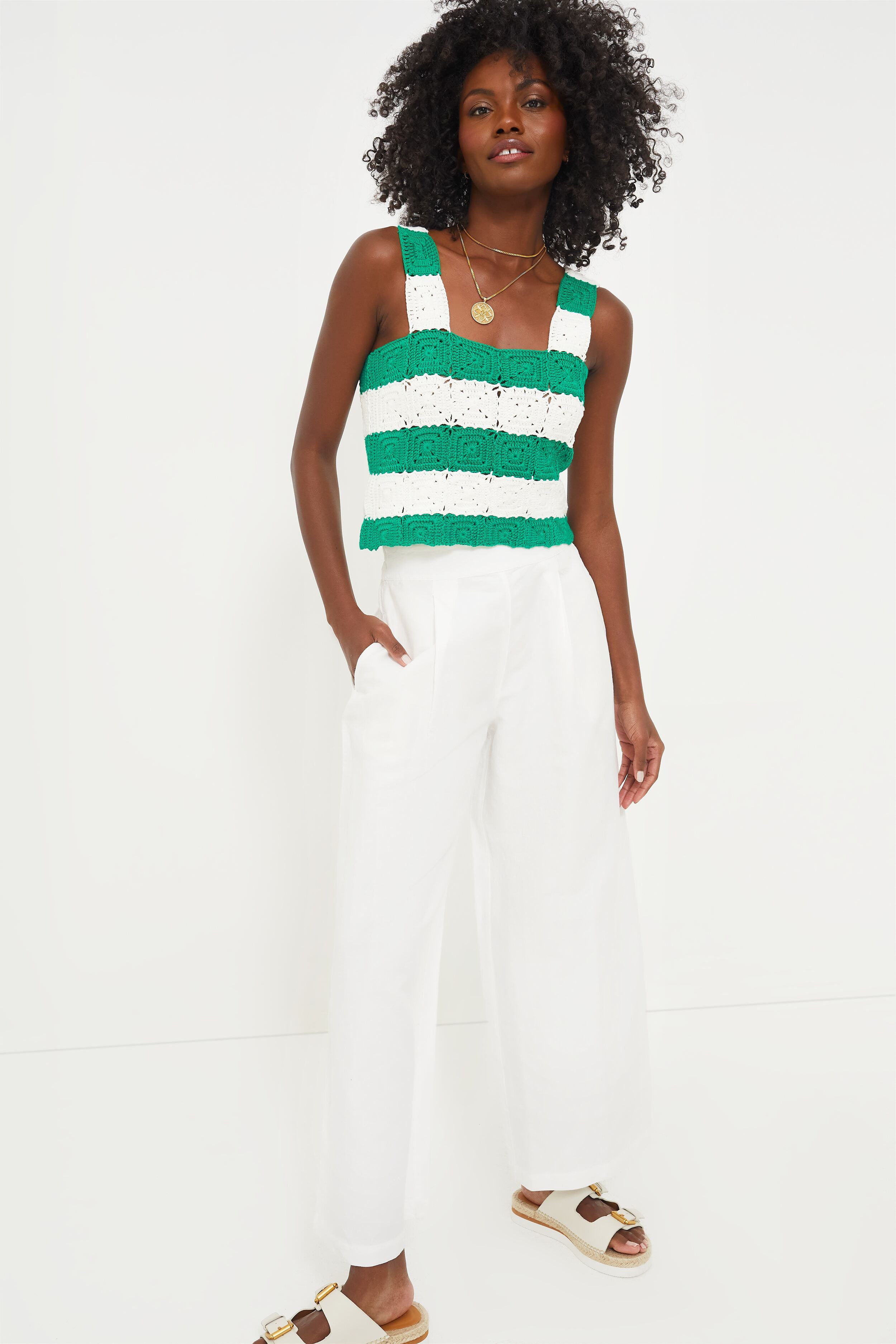 Green & White Crochet Cooper Tank-Beilave