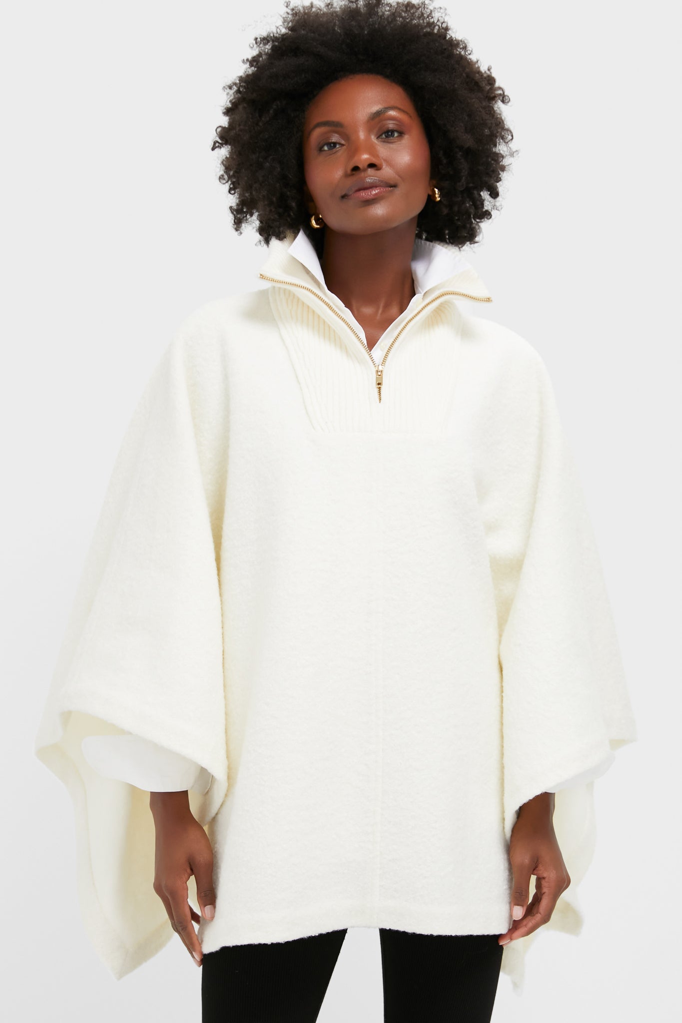 Winter White Boucle High-Neck Poncho-Beilave
