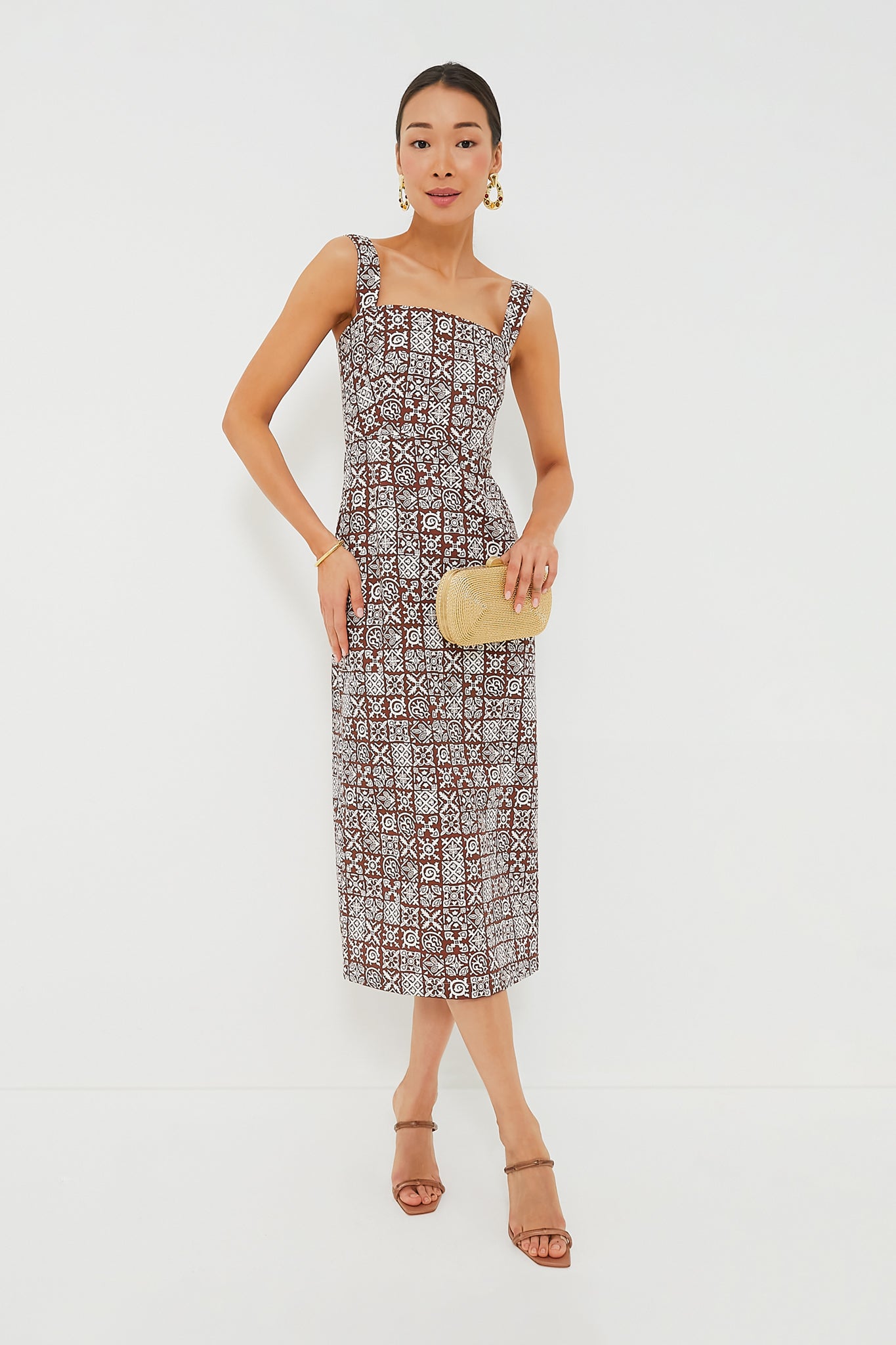 Brown with White Checkerboard Long Slip Dress-Beilave