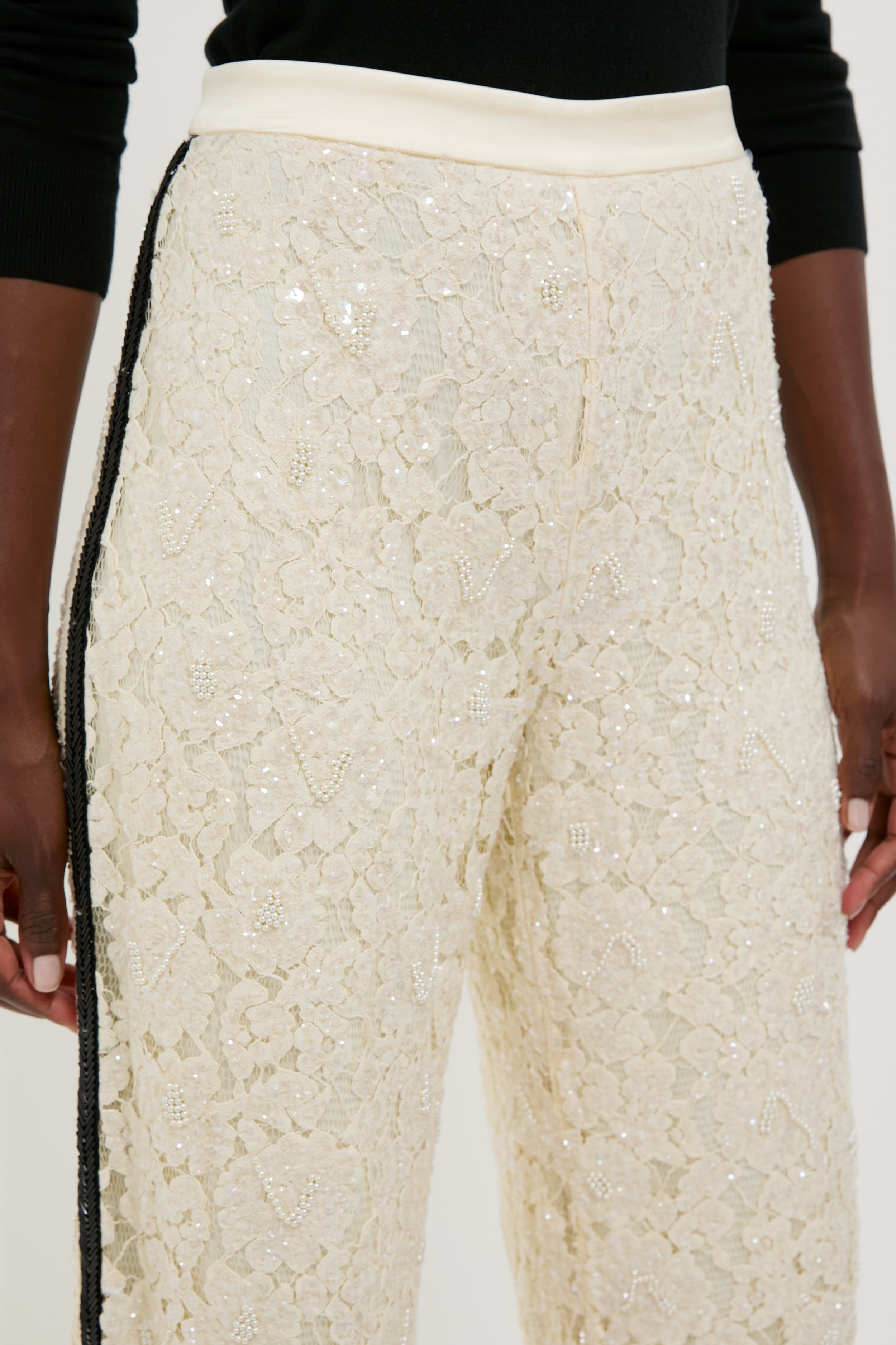 Cream Lace Sequin Straight Pants-Beilave