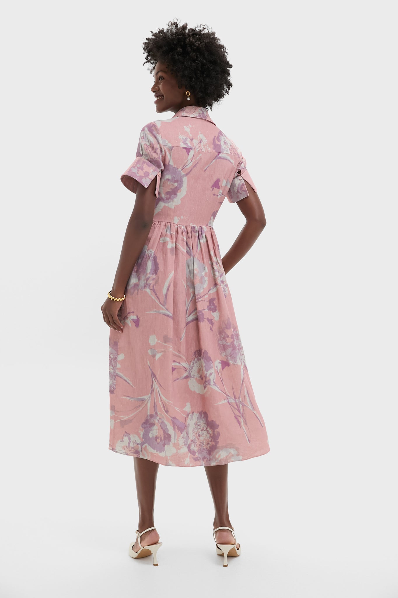 Carnation Cyanotype Rose Short Sleeve Shirt Dress-Beilave