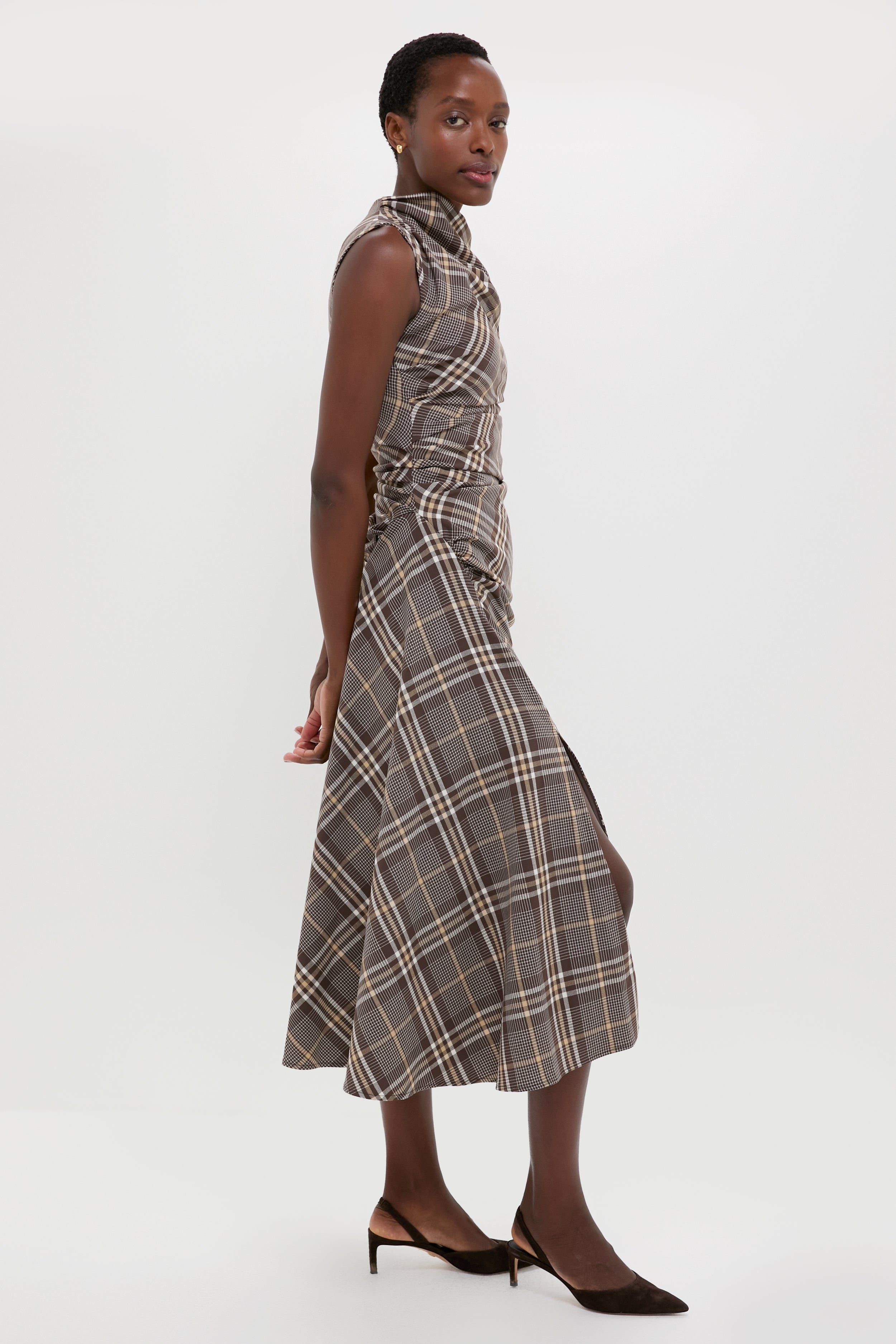 Chocolate Plaid Burke Sleeveless Draped Midi Dress-Beilave