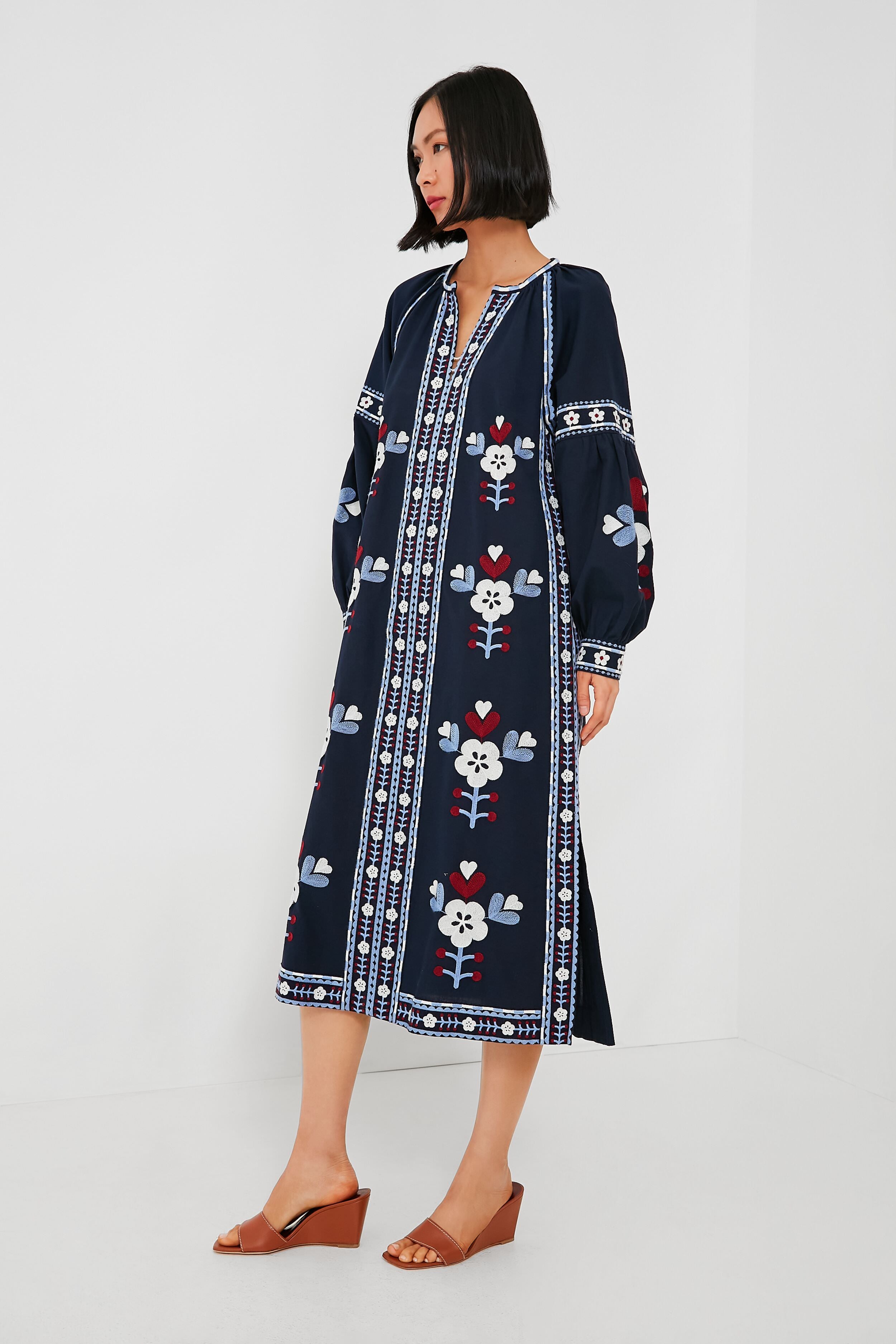 Exclusive Navy Shaina Embroidery Long Sleeve Dress-Beilave