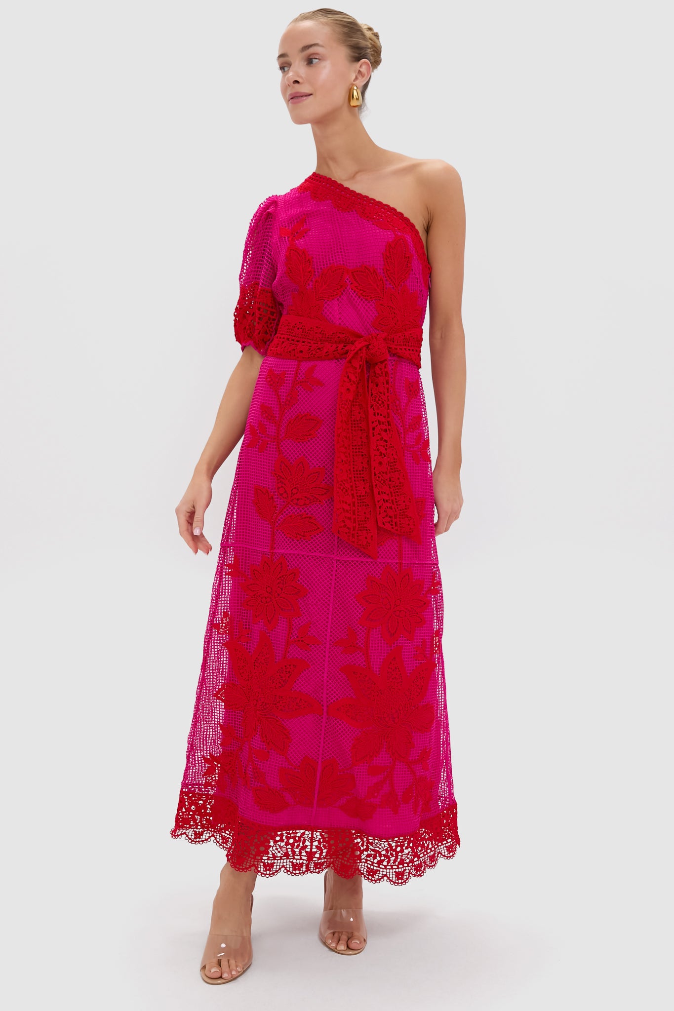 Red Guipuire Bicolor One Shoulder Maxi Dress-Beilave