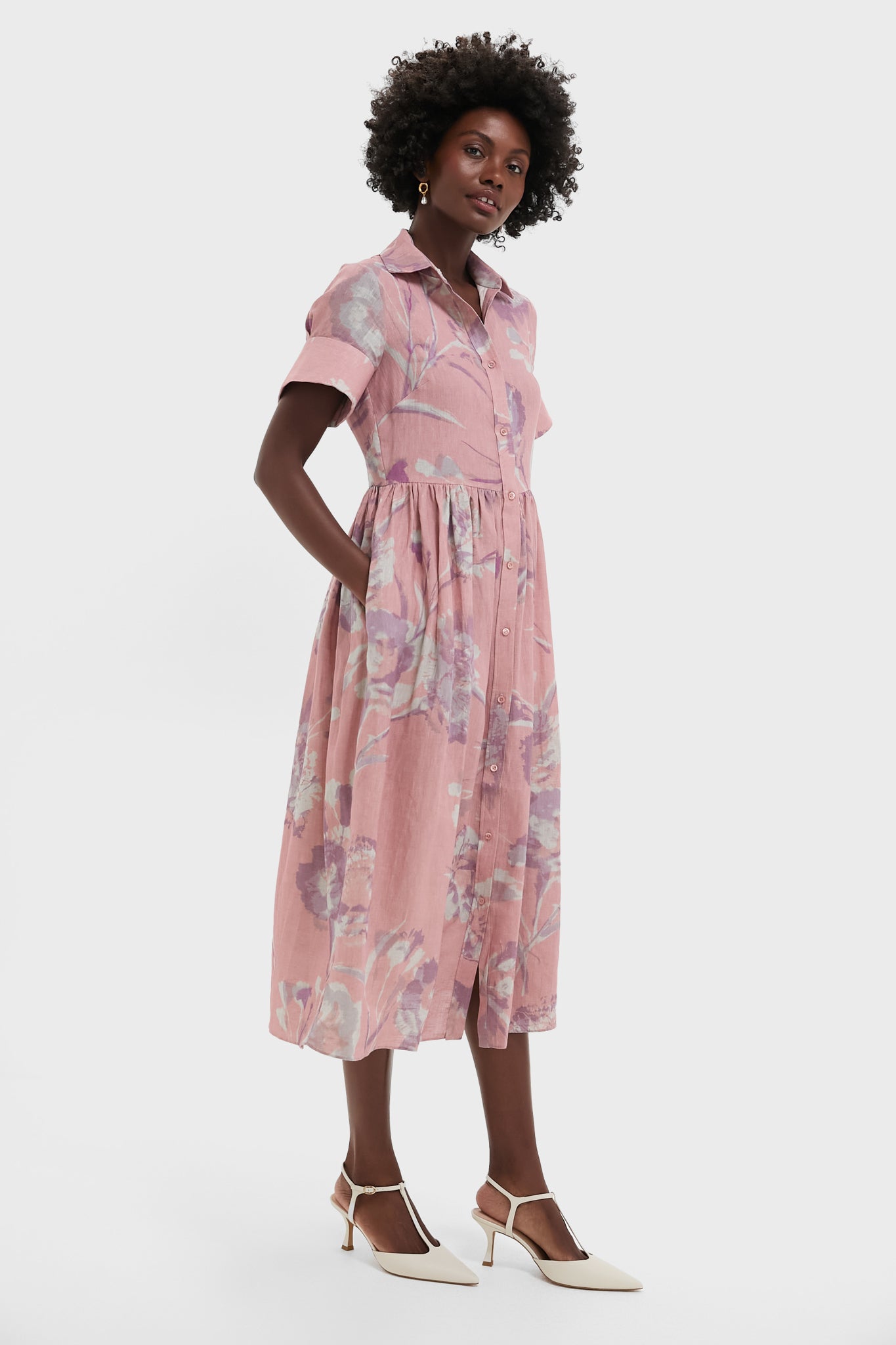 Carnation Cyanotype Rose Short Sleeve Shirt Dress-Beilave