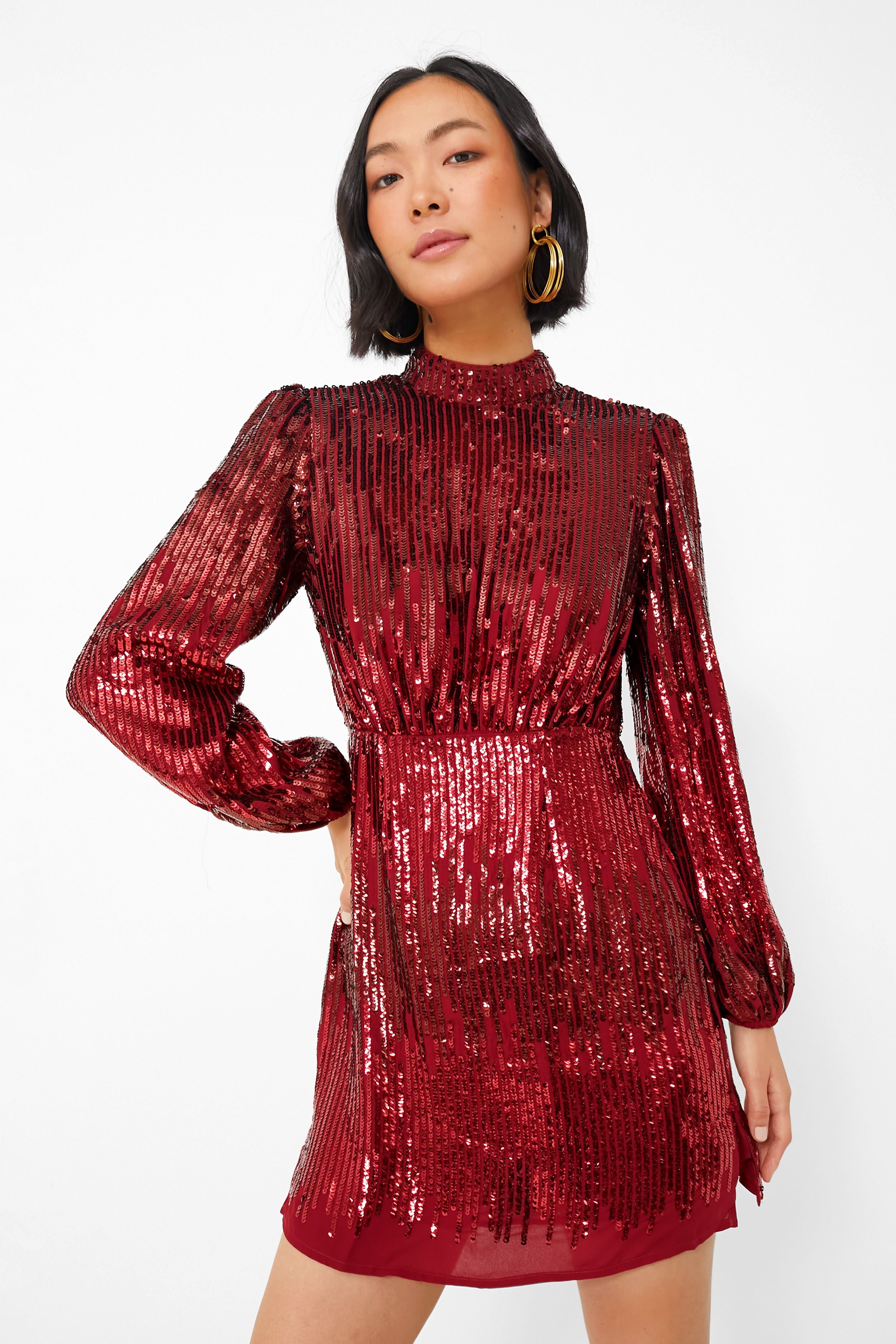 Ombre Embellished Burgundy Samantha Dress-Beilave