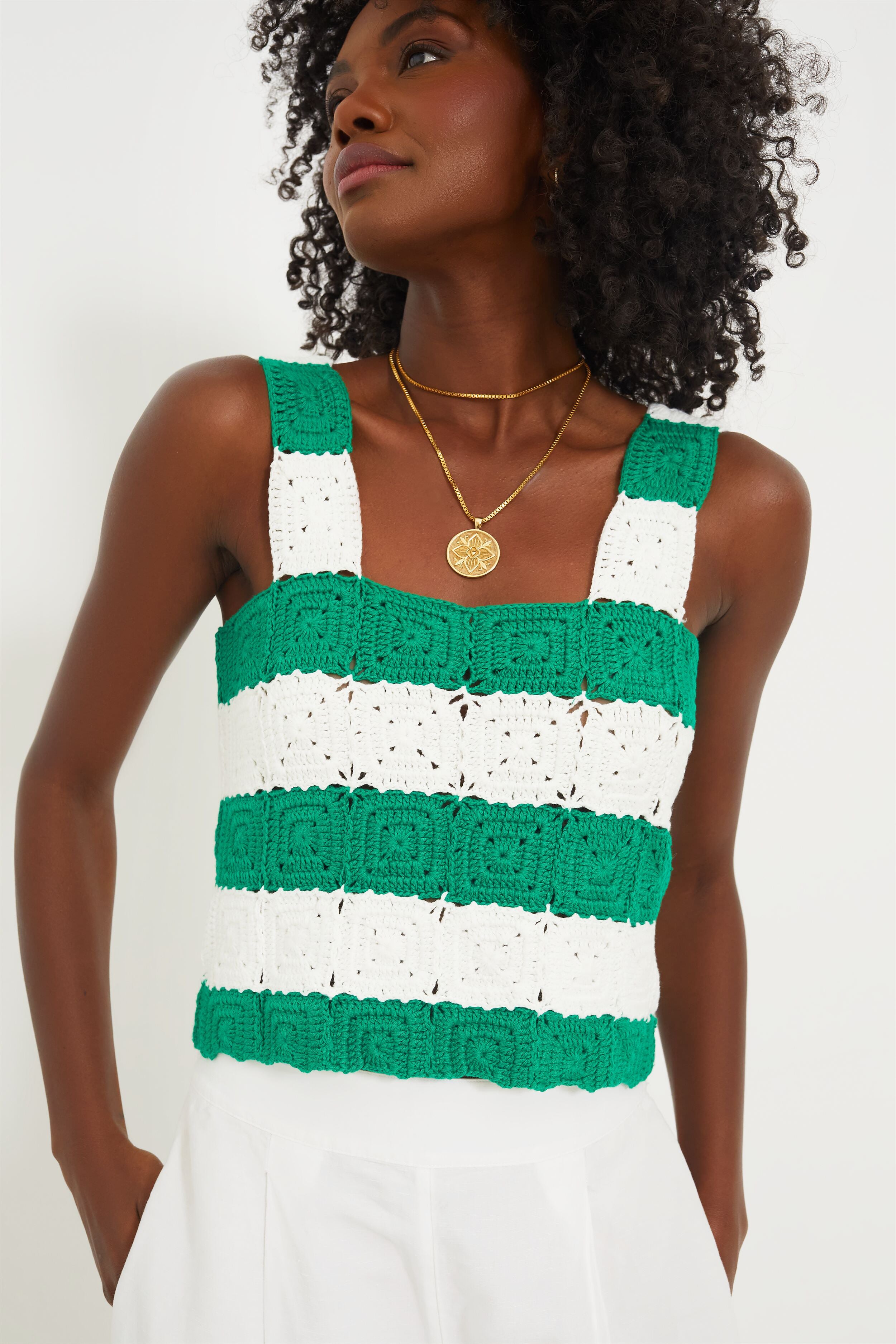 Green & White Crochet Cooper Tank-Beilave