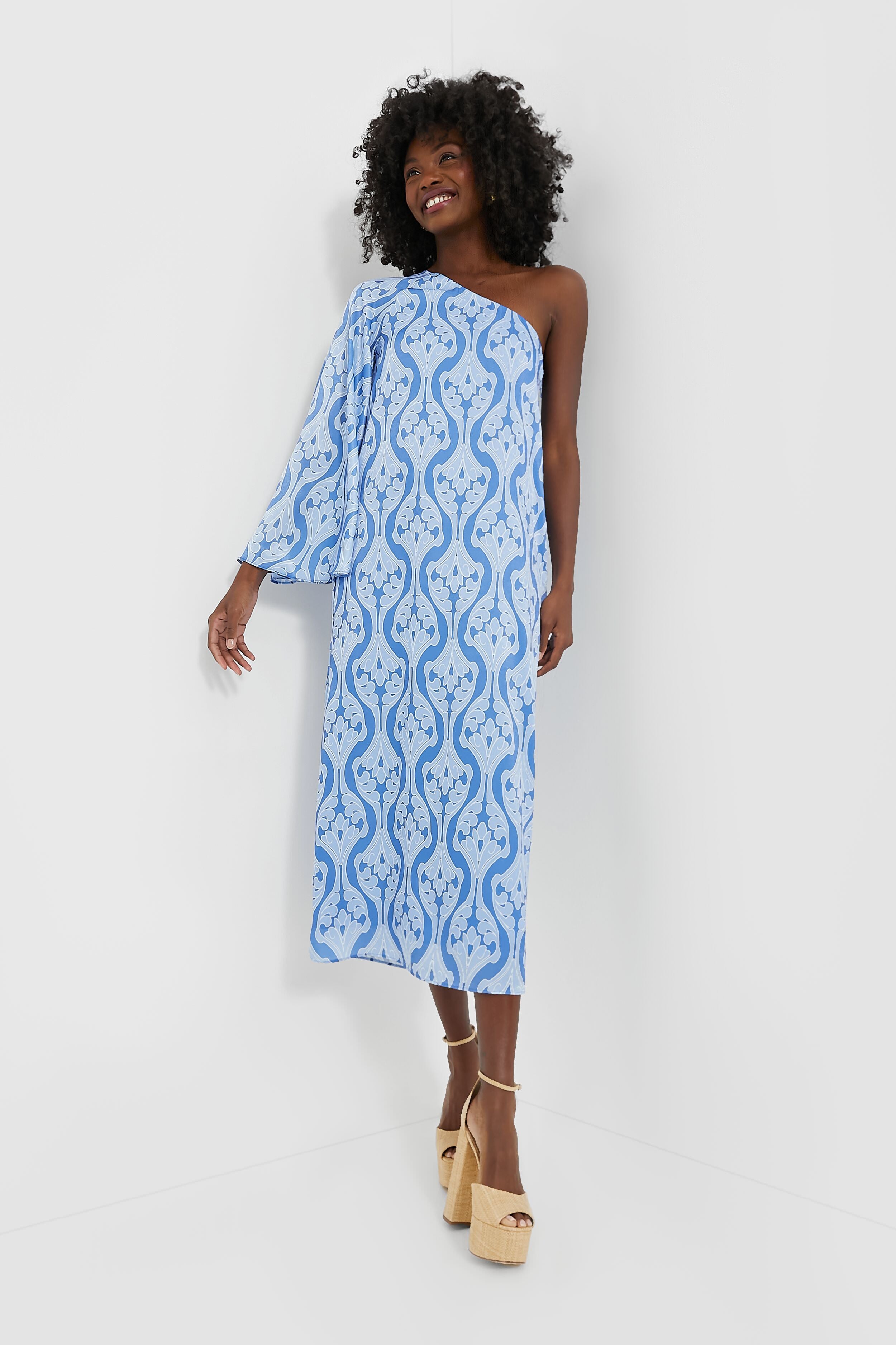 One Shoulder Blue Geometric Luna Dress-Beilave