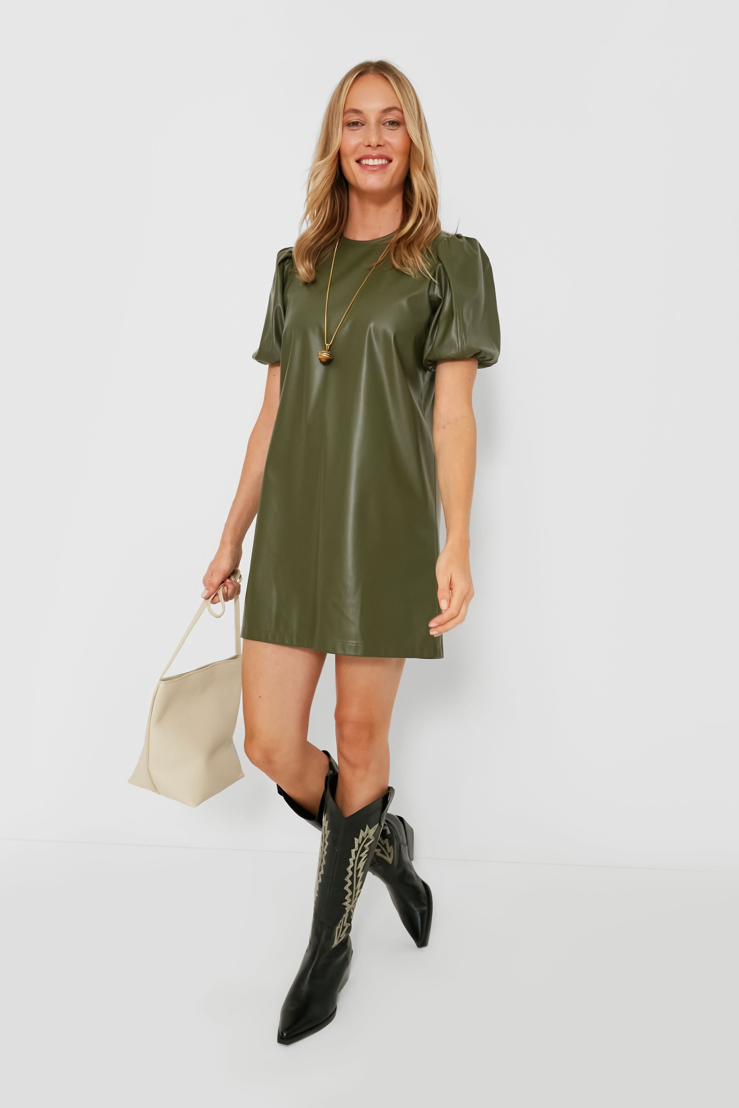 Green Faux Leather McShea Mini Dress-Beilave