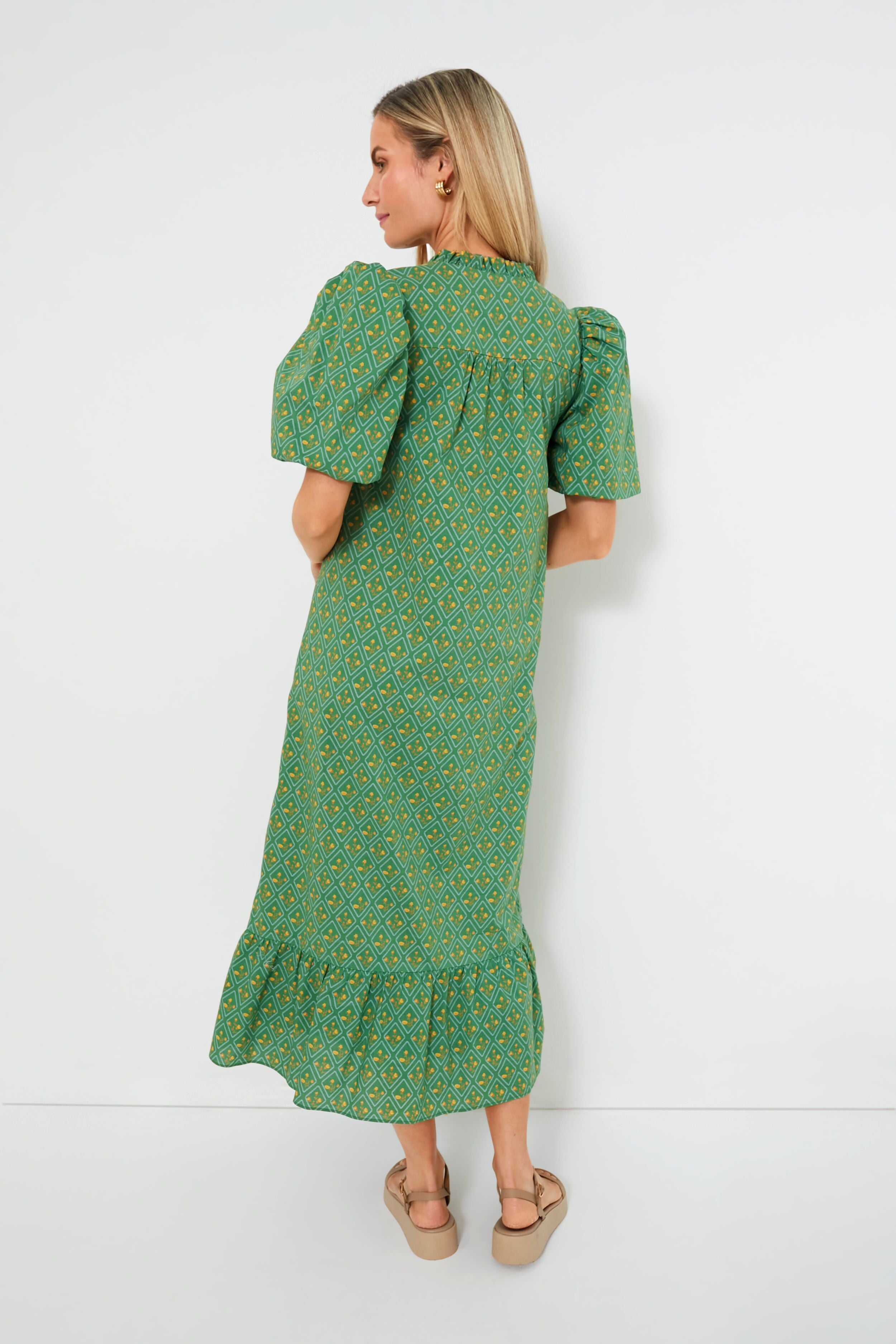 Green Diamond Floral Mimi Midi Dress-Beilave