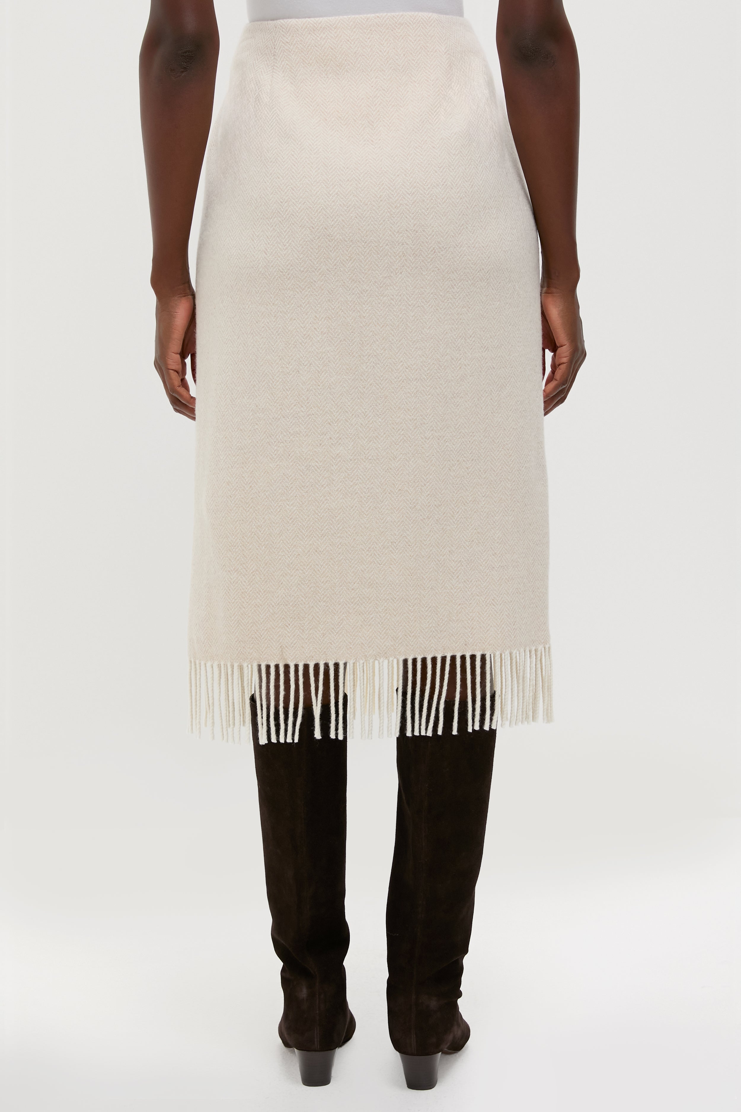 Cream Herringbone Midi Pencil Skirt-Beilave