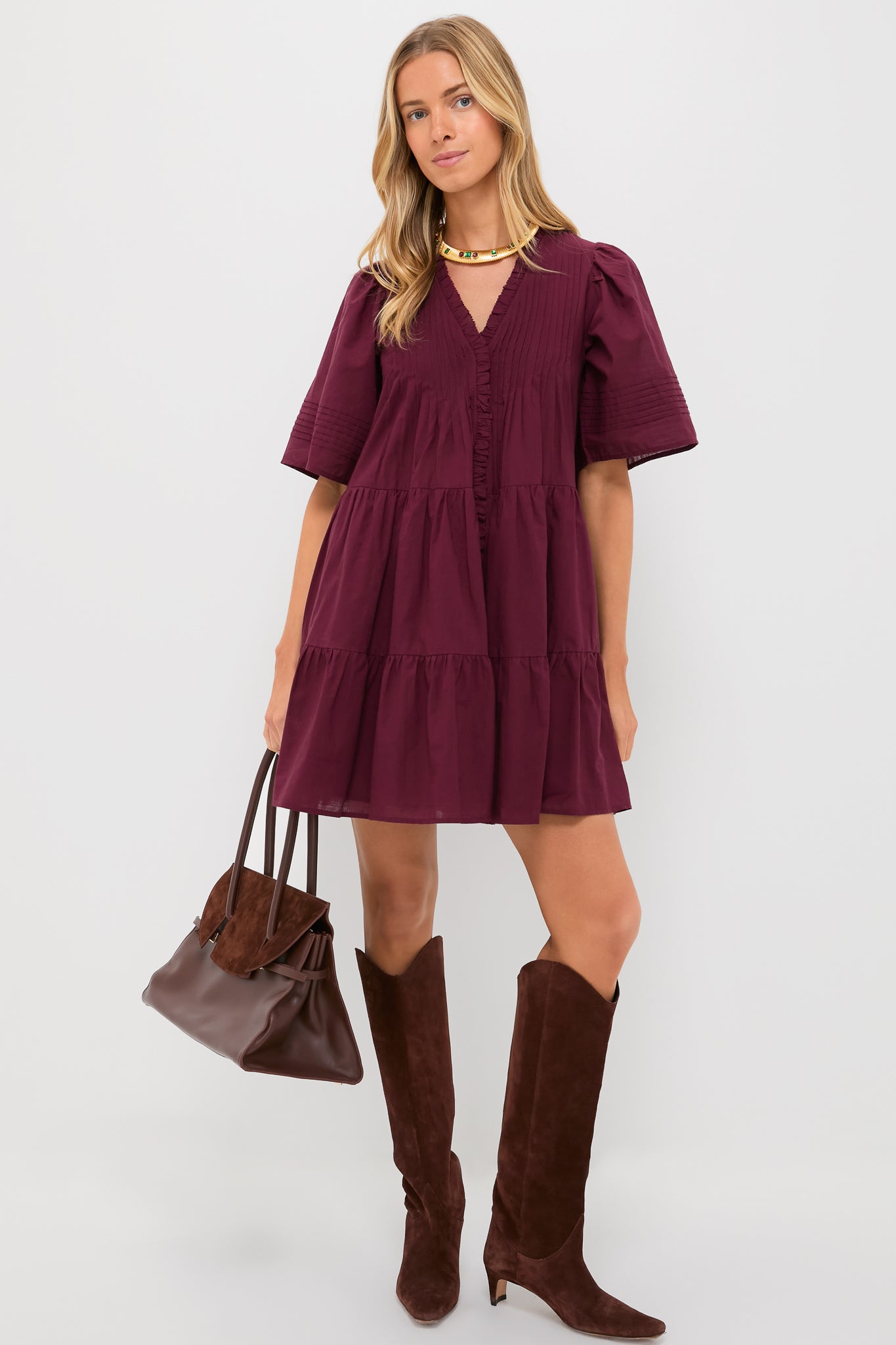 Exclusive Burgundy Anise Short Sleeve Dress-Beilave