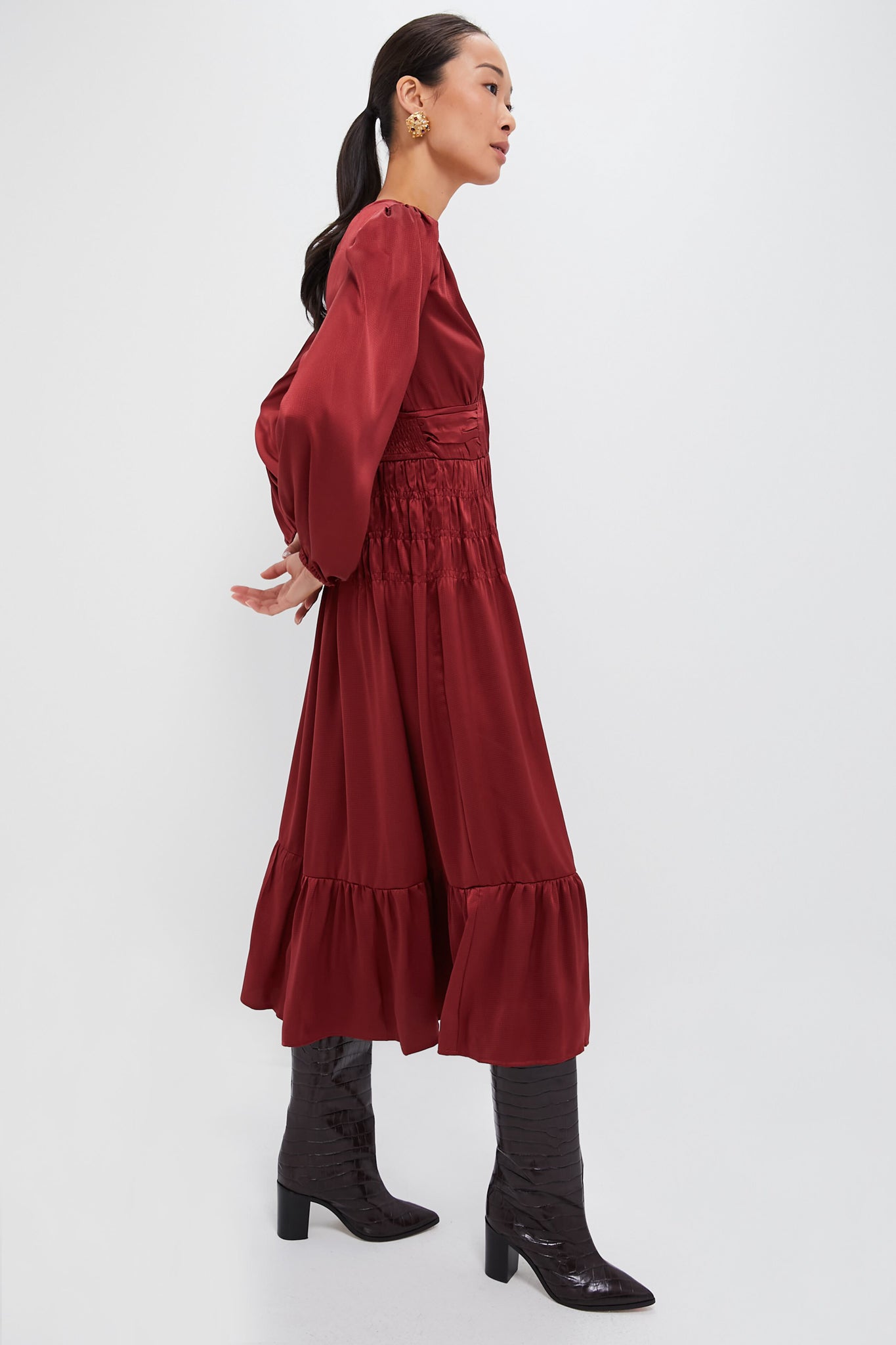 Wine V Neck Midi Dress-Beilave