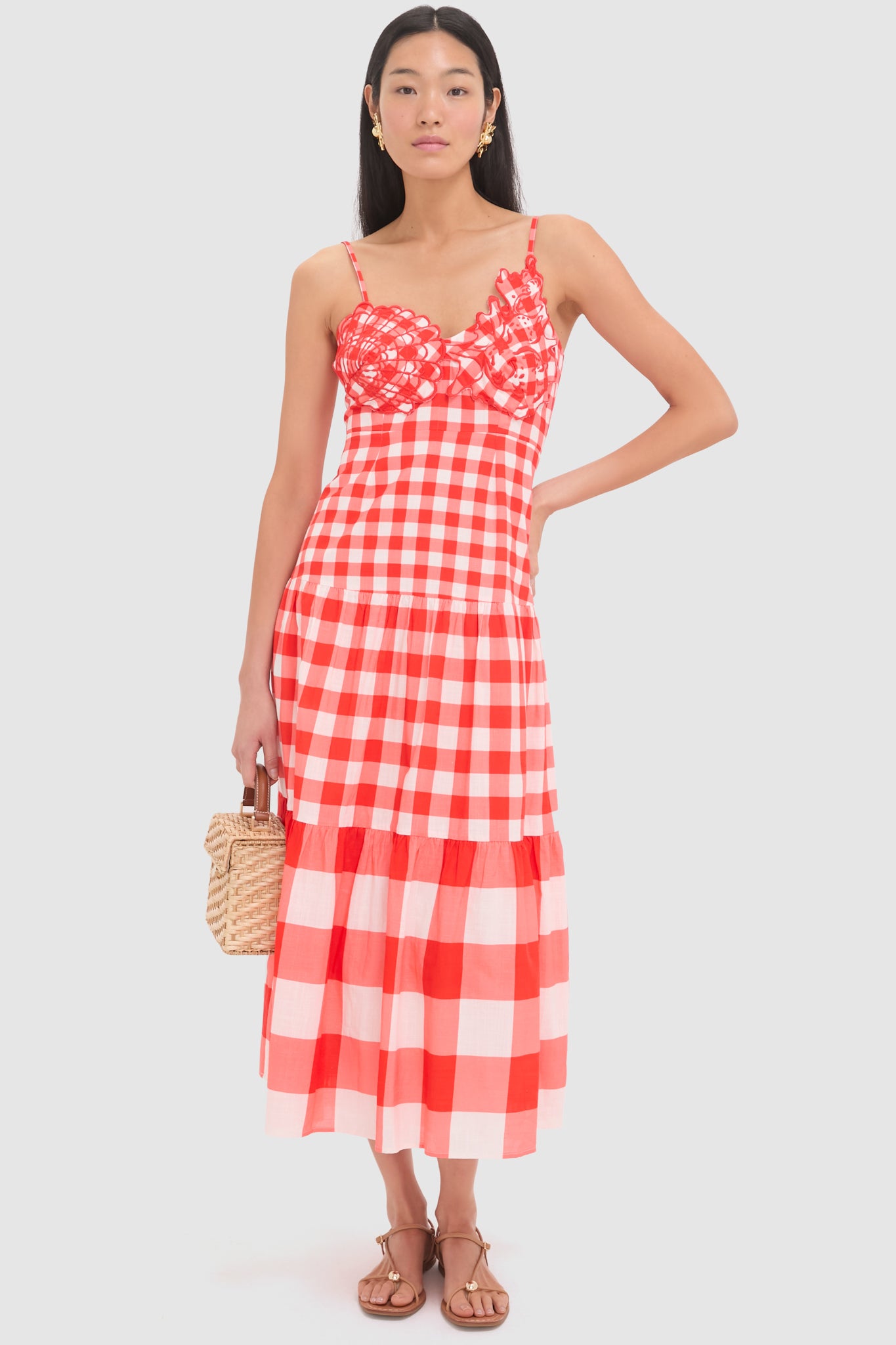 Red Gingham and Shell Taylor Midi Dress-Beilave