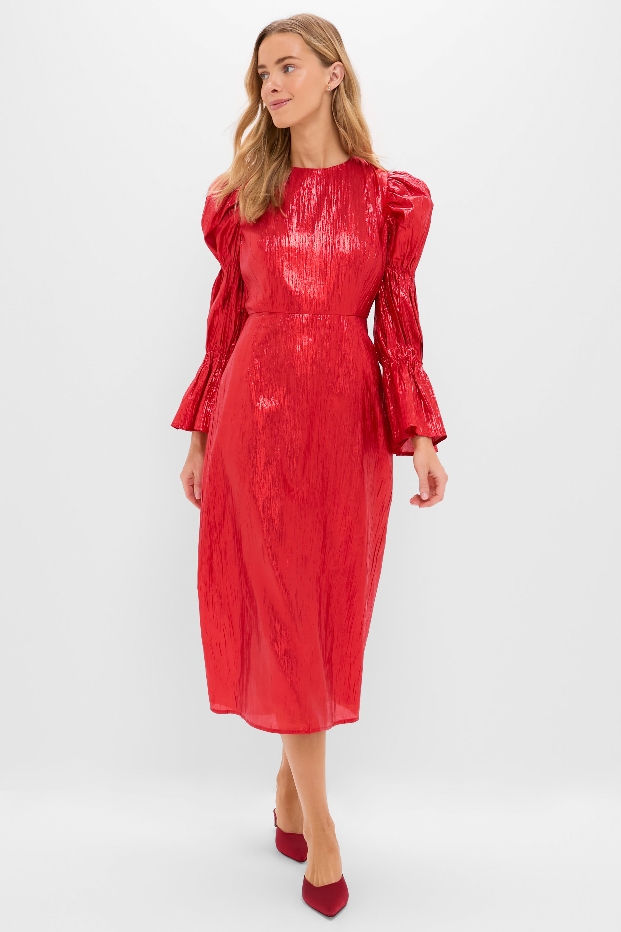 Red Metallic Plisse Puff Sleeve Darcy Midi Dress-Beilave