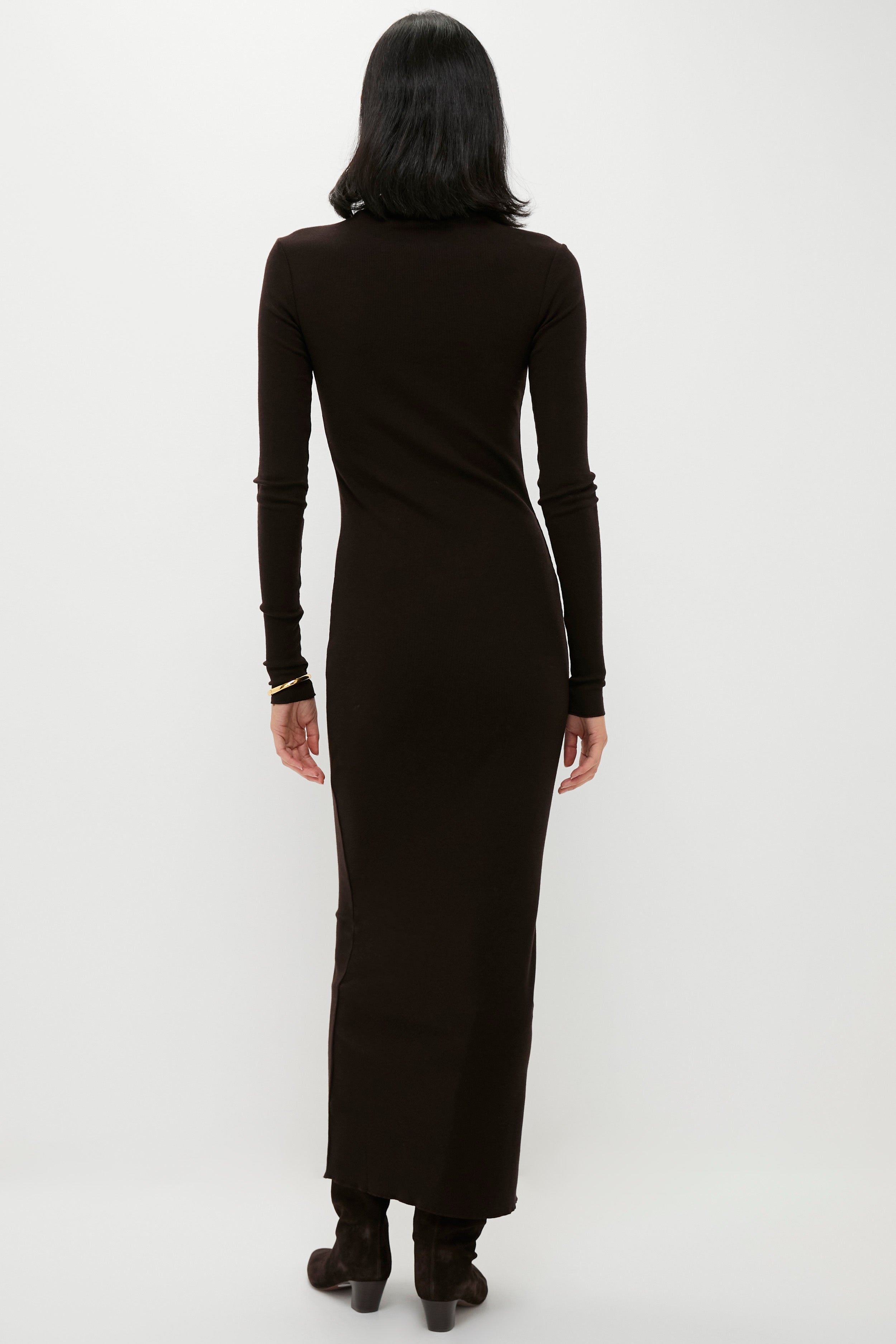 Brown Melange Rib Knit Turtleneck Column Dress-Beilave