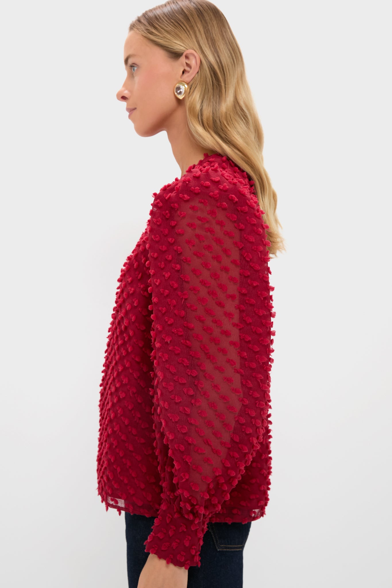Red Textured Long Sleeve Harriet Blouse-Beilave