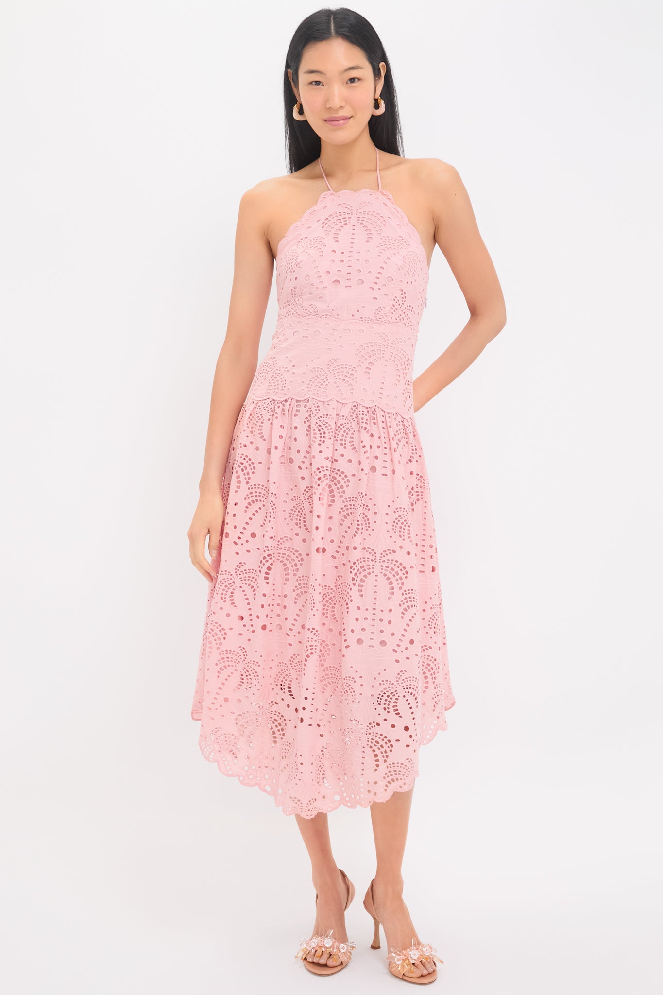 Palm Tree Eyelet Blush Pink Sleeveless Midi Dress-Beilave