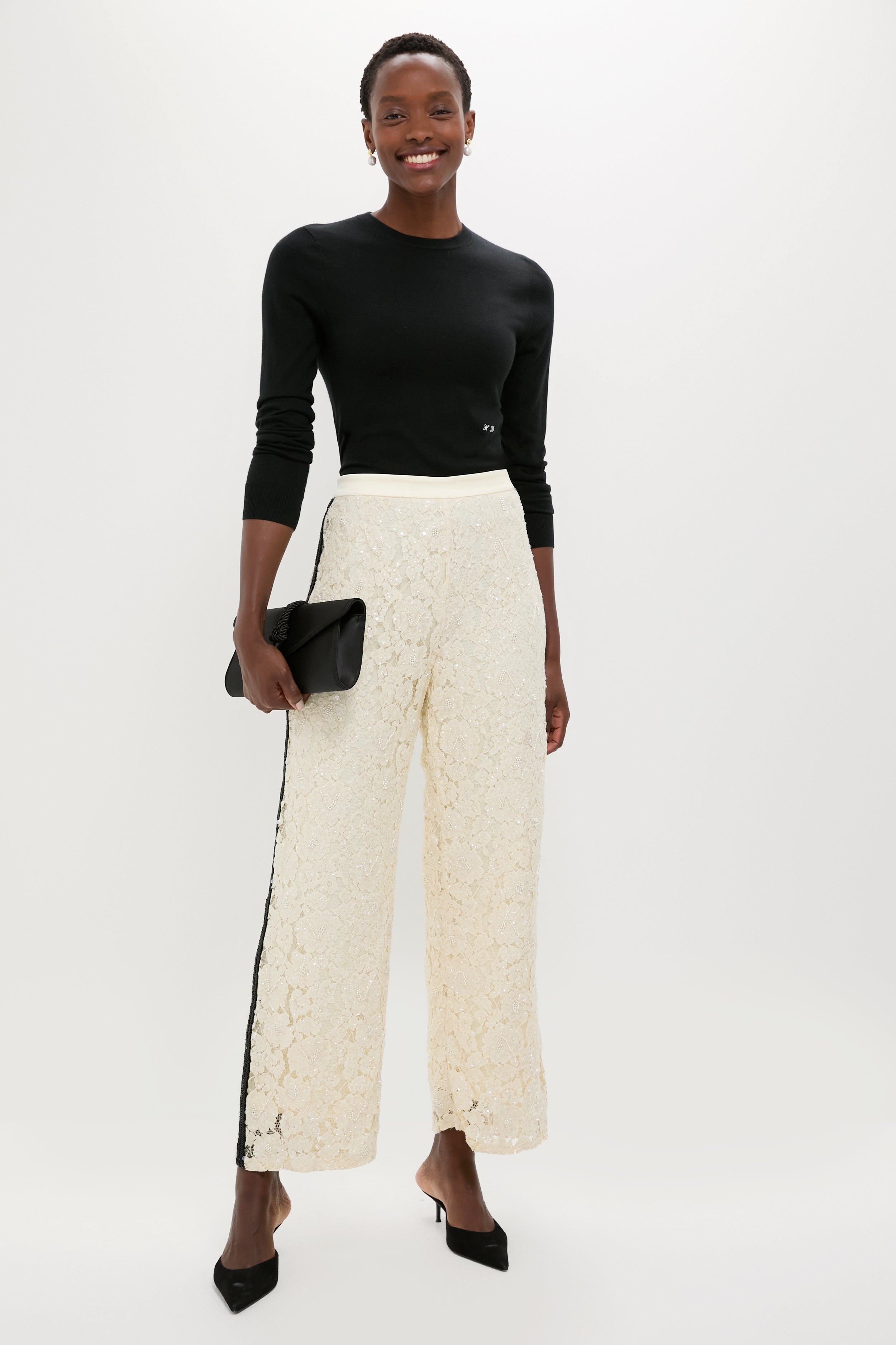 Cream Lace Sequin Straight Pants-Beilave