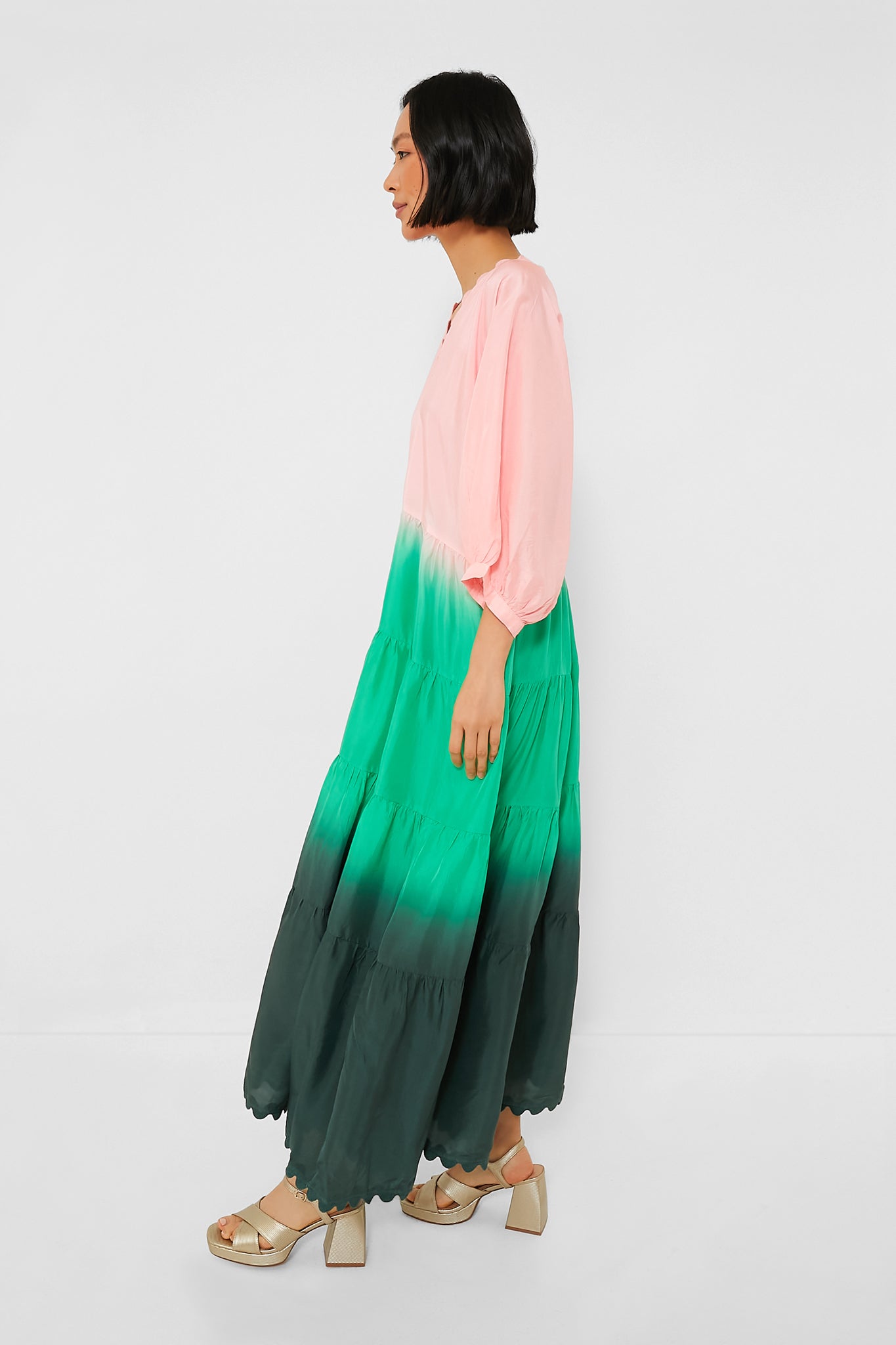 Peach and Emerald Bottle Green Ombre V-Neck Loose Maxi Dress with Ric Rac Trim-Beilave