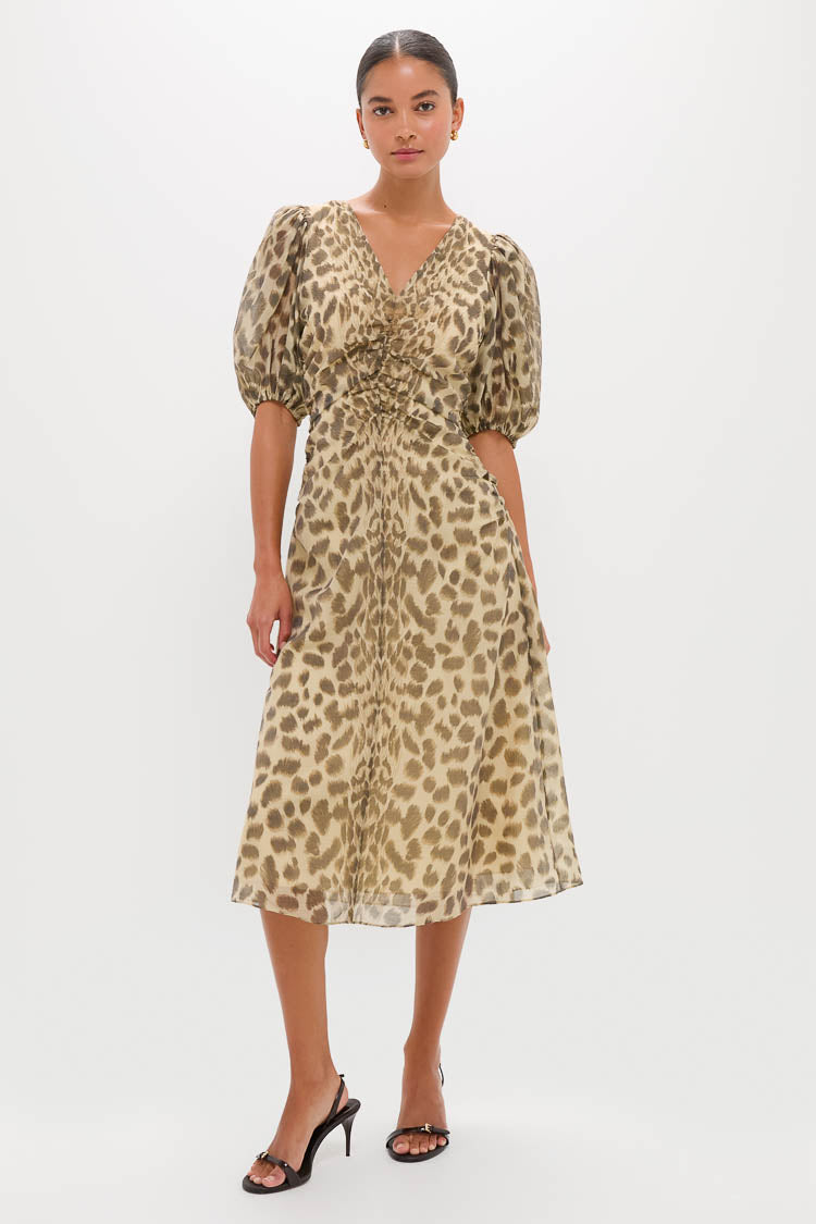Cream Claude Print Puff Sleeve Midi Dress-Beilave