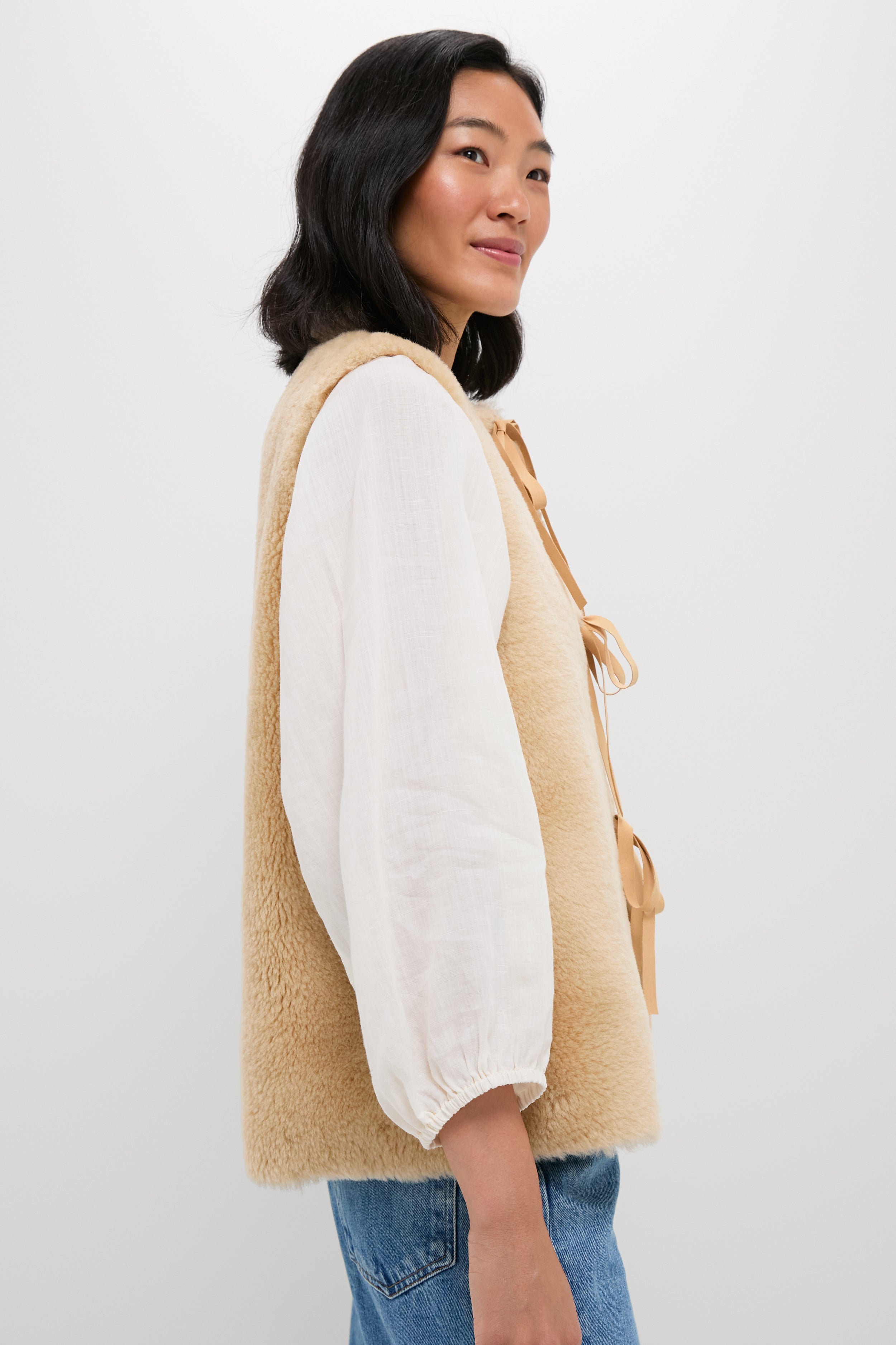 Cream Elliot Shearling Tie-Front Vest-Beilave