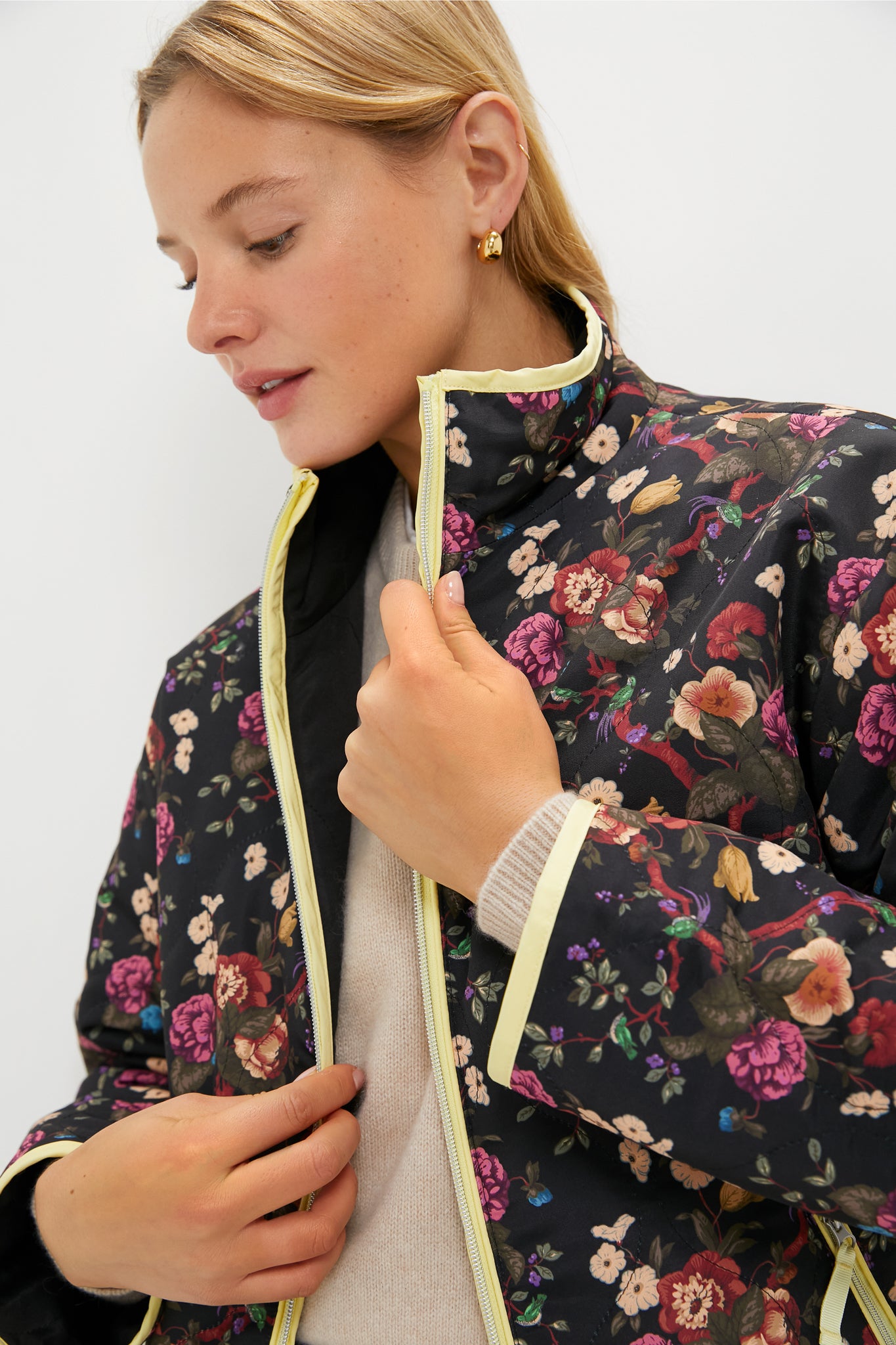 Reversible Black and Baroque Floral Quilted Mallory Jacket-Beilave