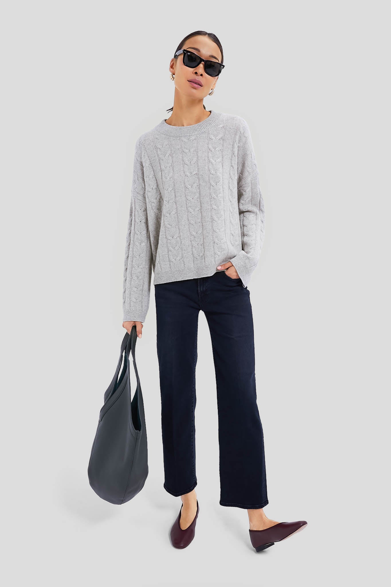 Gray Cashmere Eloise Cable Knit Boyfriend Crewneck-Beilave