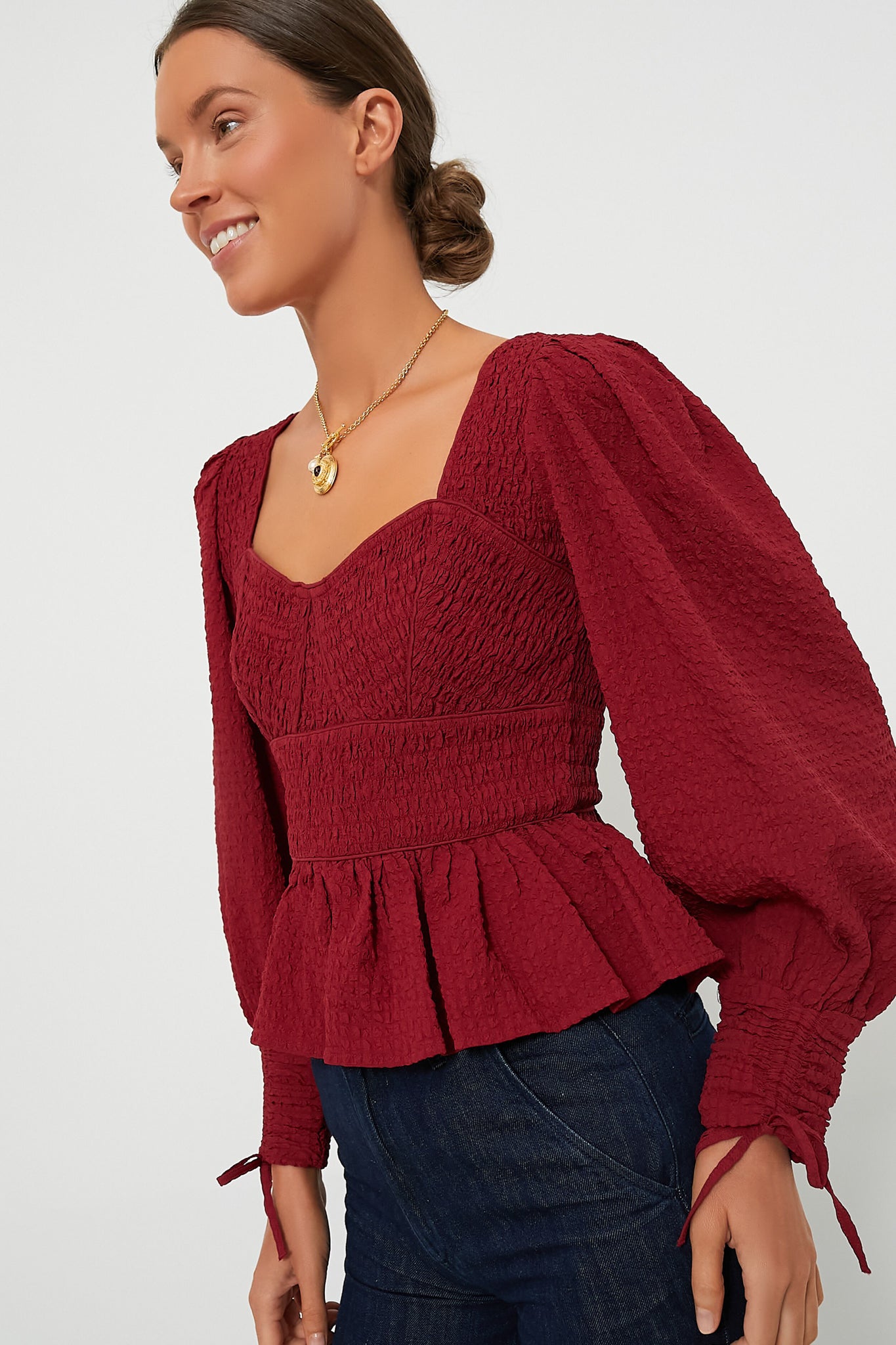 Red Regina Seersucker Longsleeve Top-Beilave