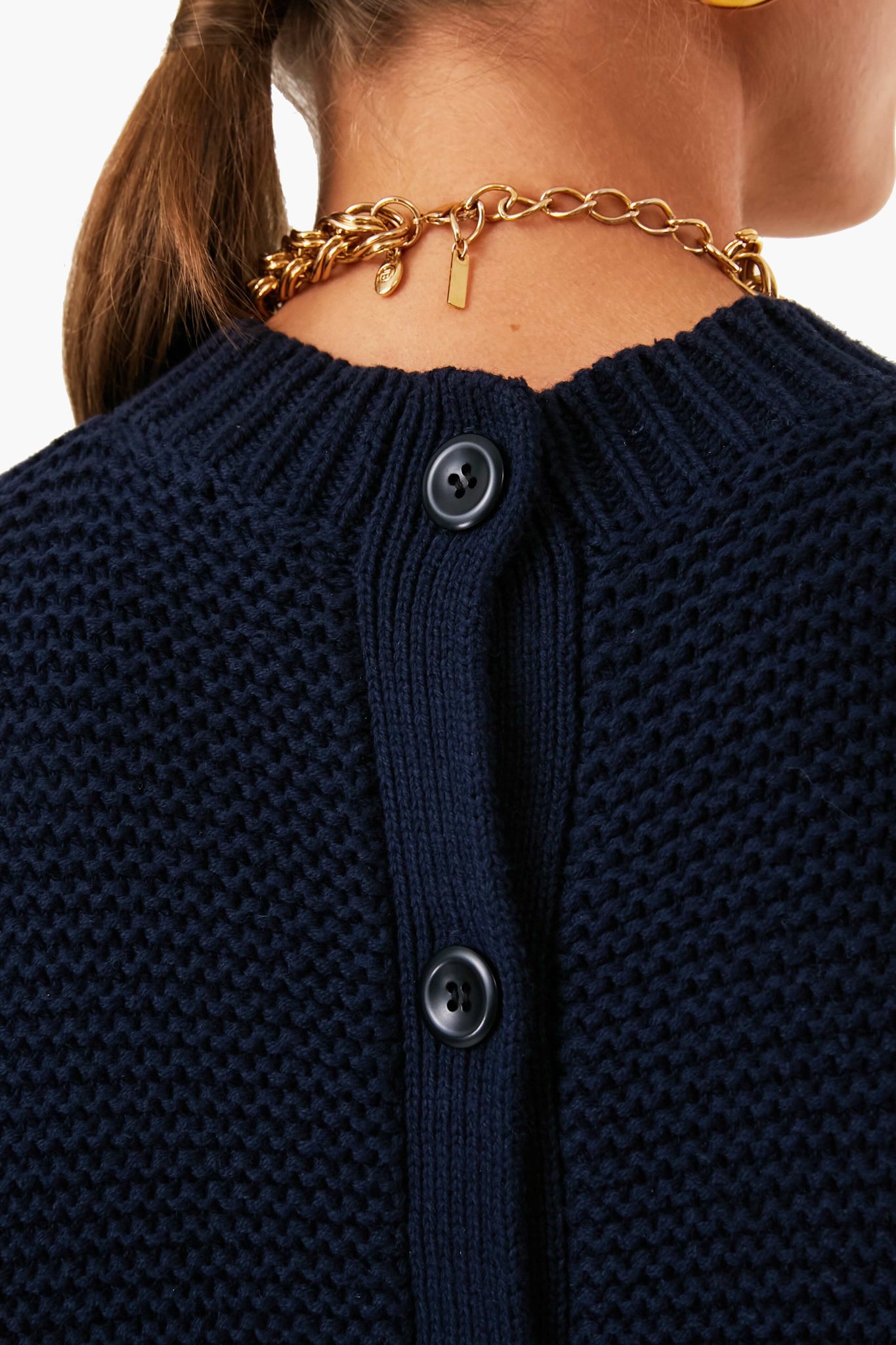 Dark Navy Button Back Crewneck Sweater-Beilave