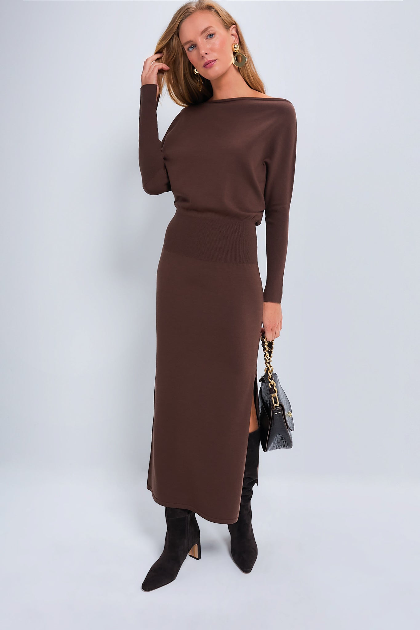 Chocolate Janese Off the Shoulder Midi Dress-Beilave