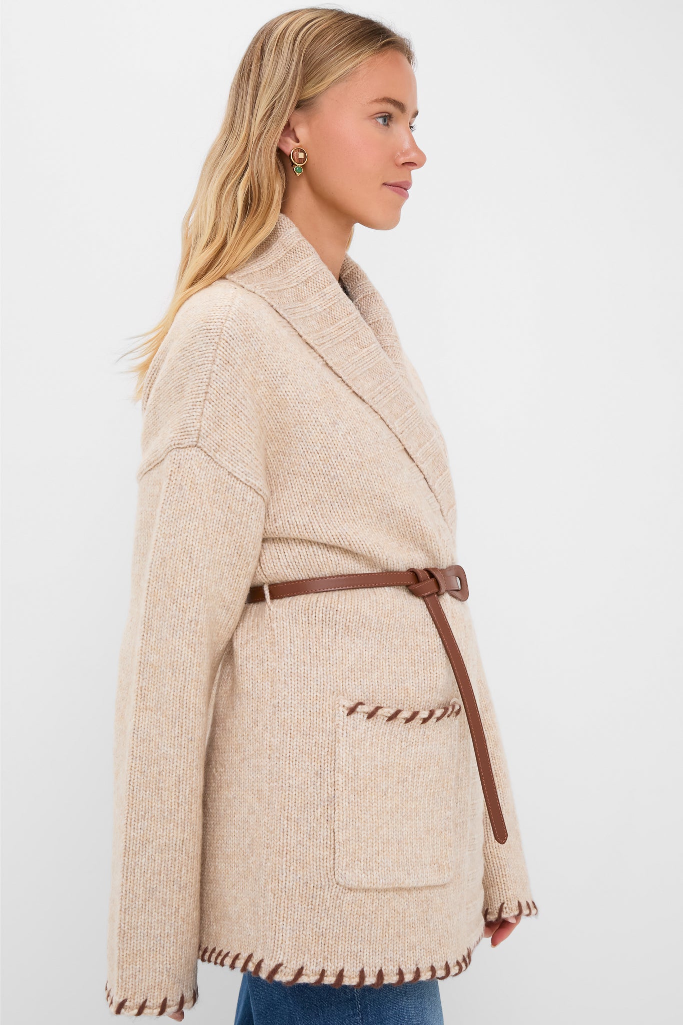 Sandstone Heather and Brown Blanket Stitch Harrow Cardigan-Beilave