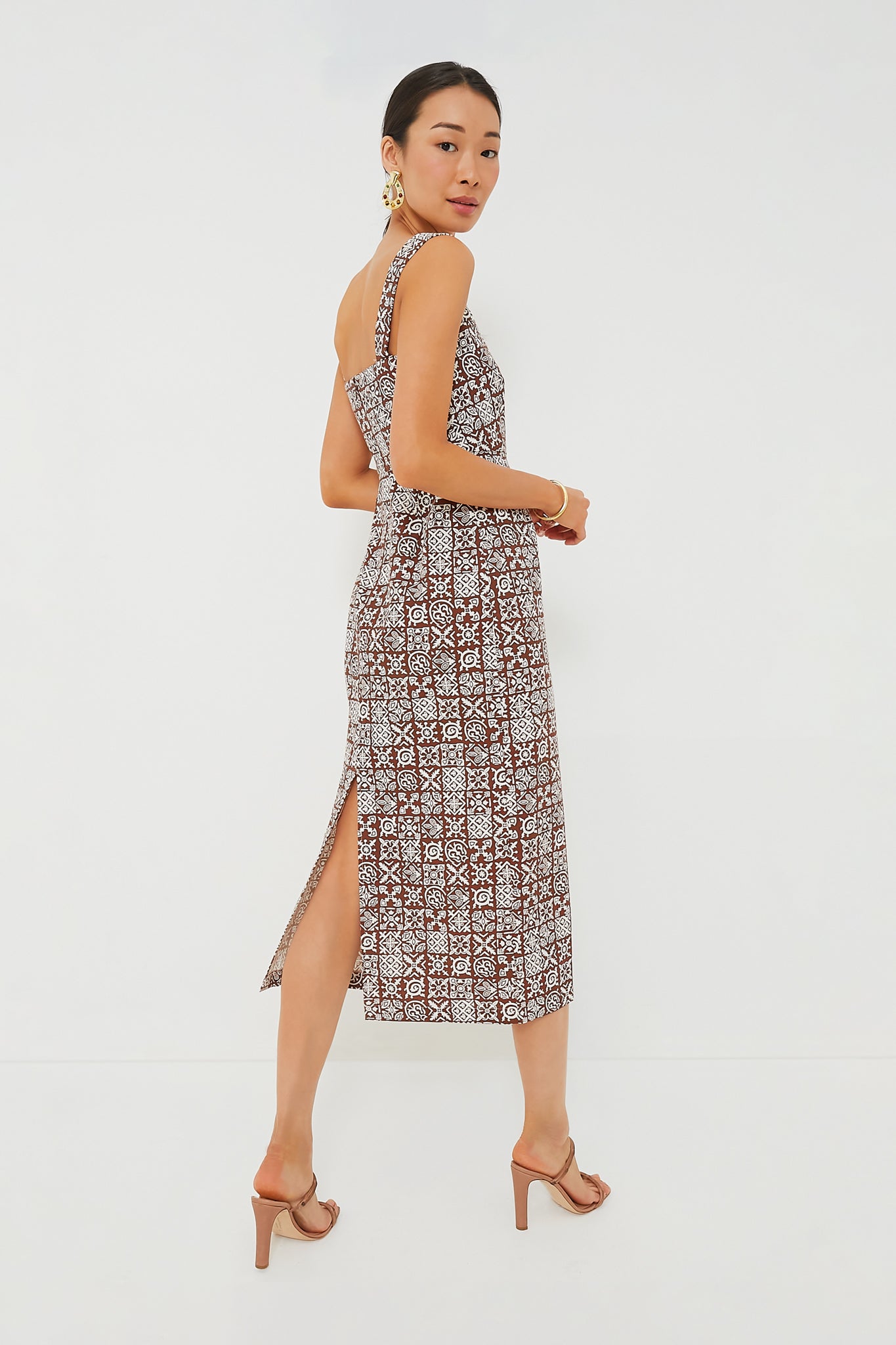Brown with White Checkerboard Long Slip Dress-Beilave