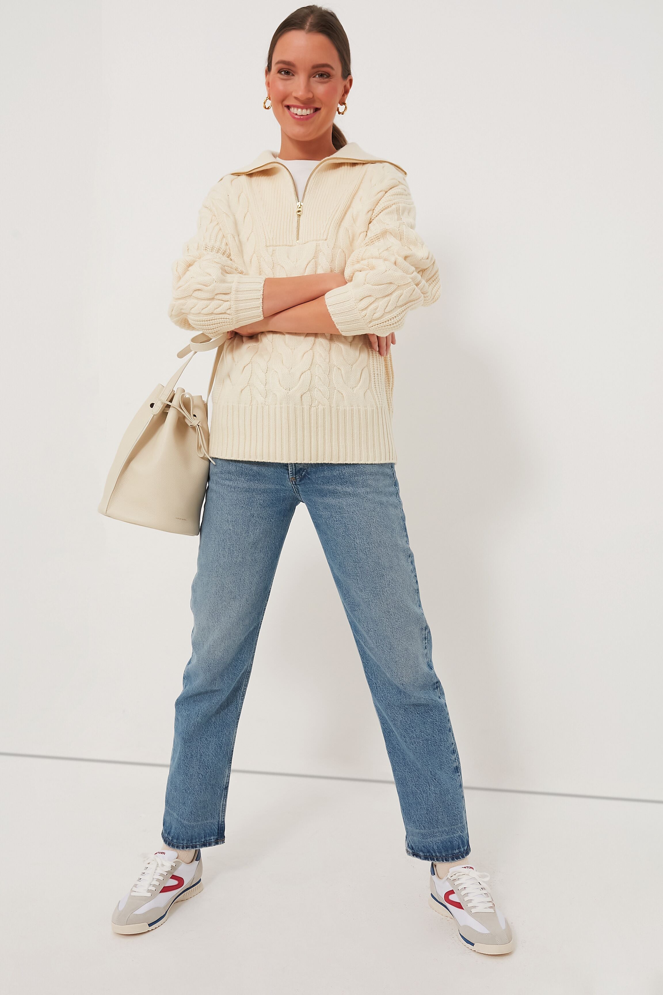 Winter White Daria Half Zip Cable Knit-Beilave