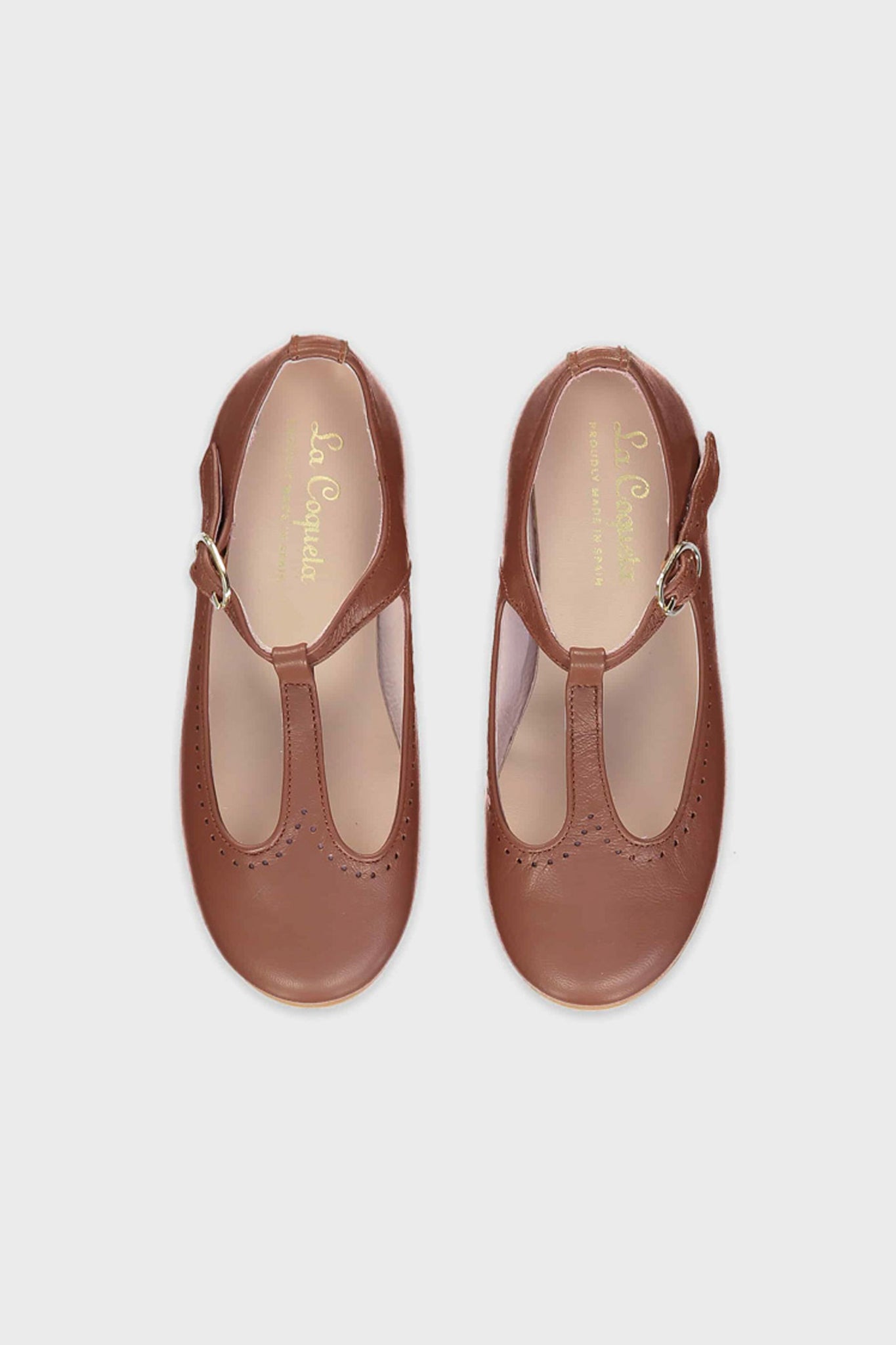 Dark Tan Leather T Bar Shoes-Beilave