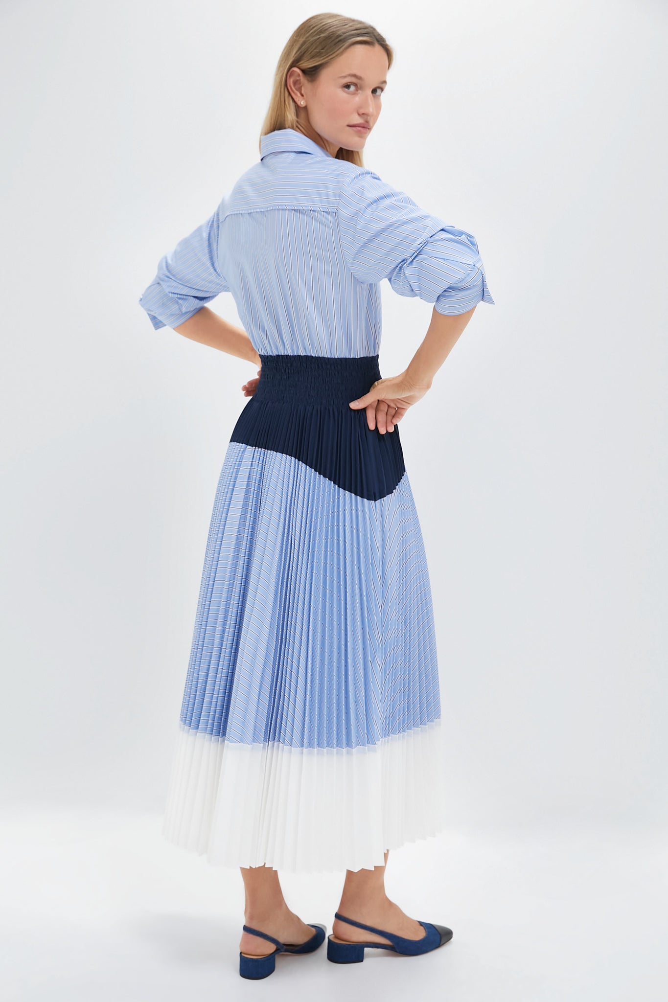 Harbor Blue Stripe Jenella Pleated Combo Dress-Beilave