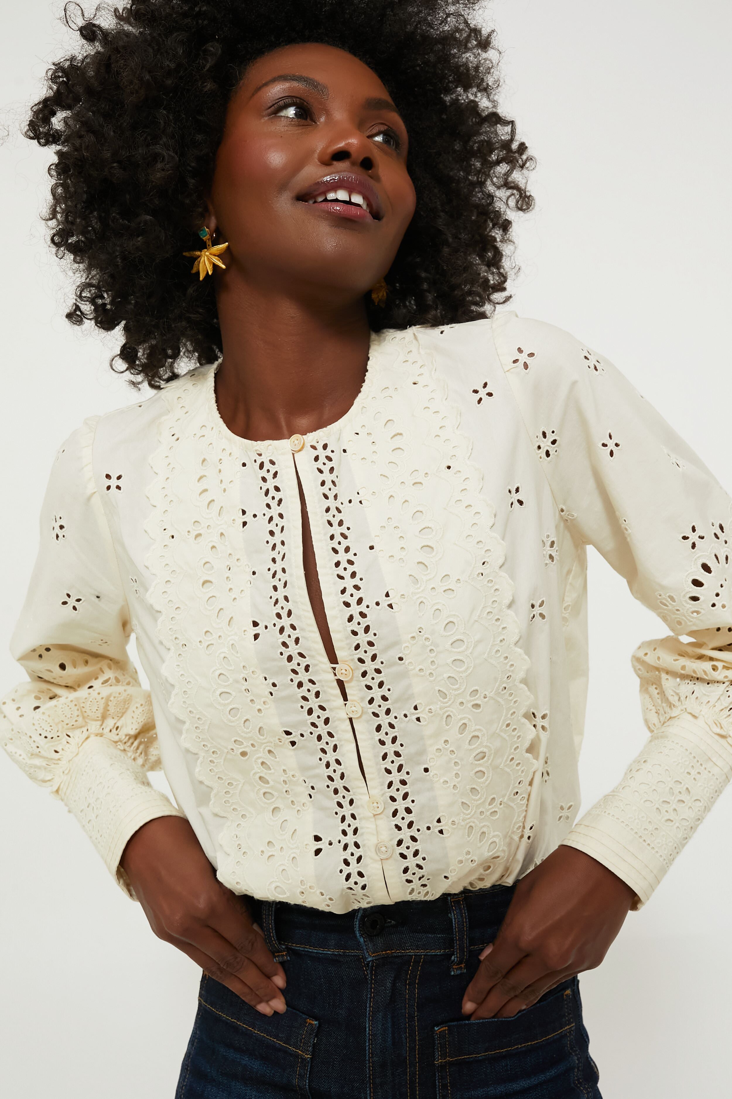 Cream Lainey Eyelet Longsleeve Top-Beilave