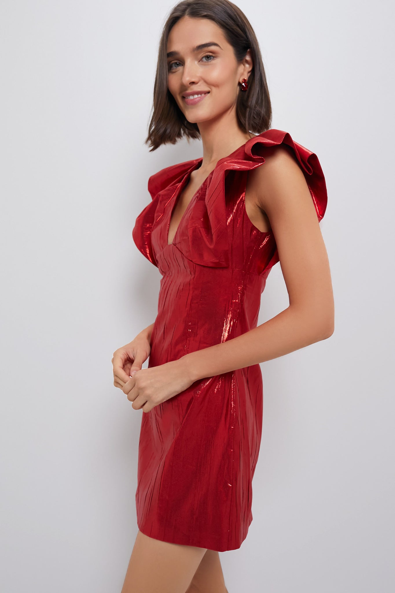 Red Metallic Plisse Tanya Mini Dress-Beilave