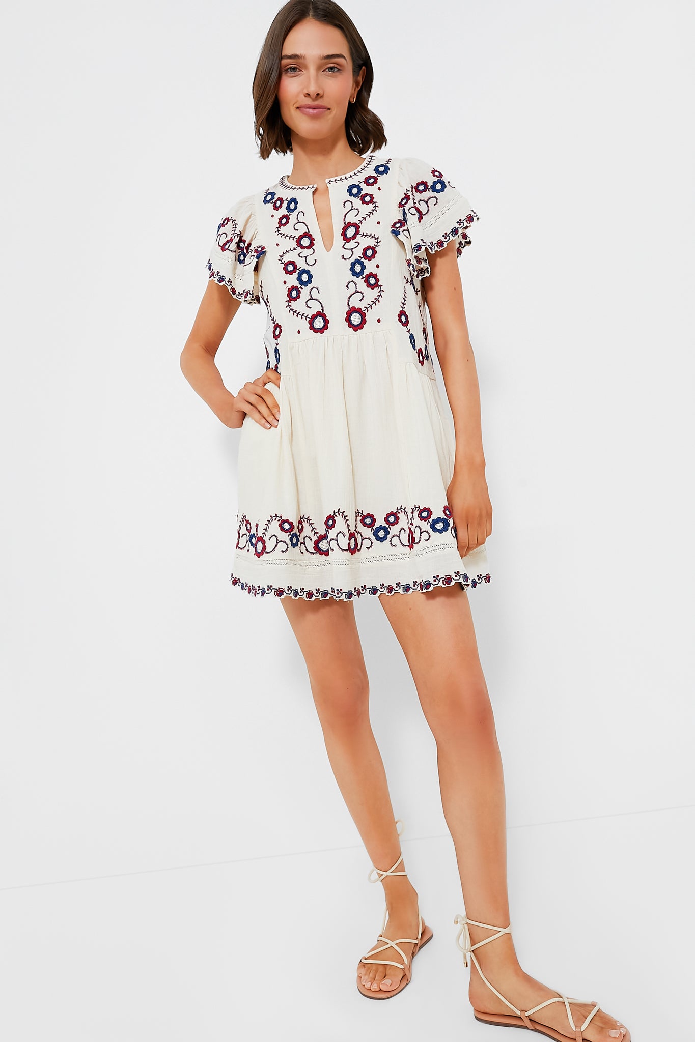 Cream Multi Soren Embroidery Short Sleeve Dress-Beilave