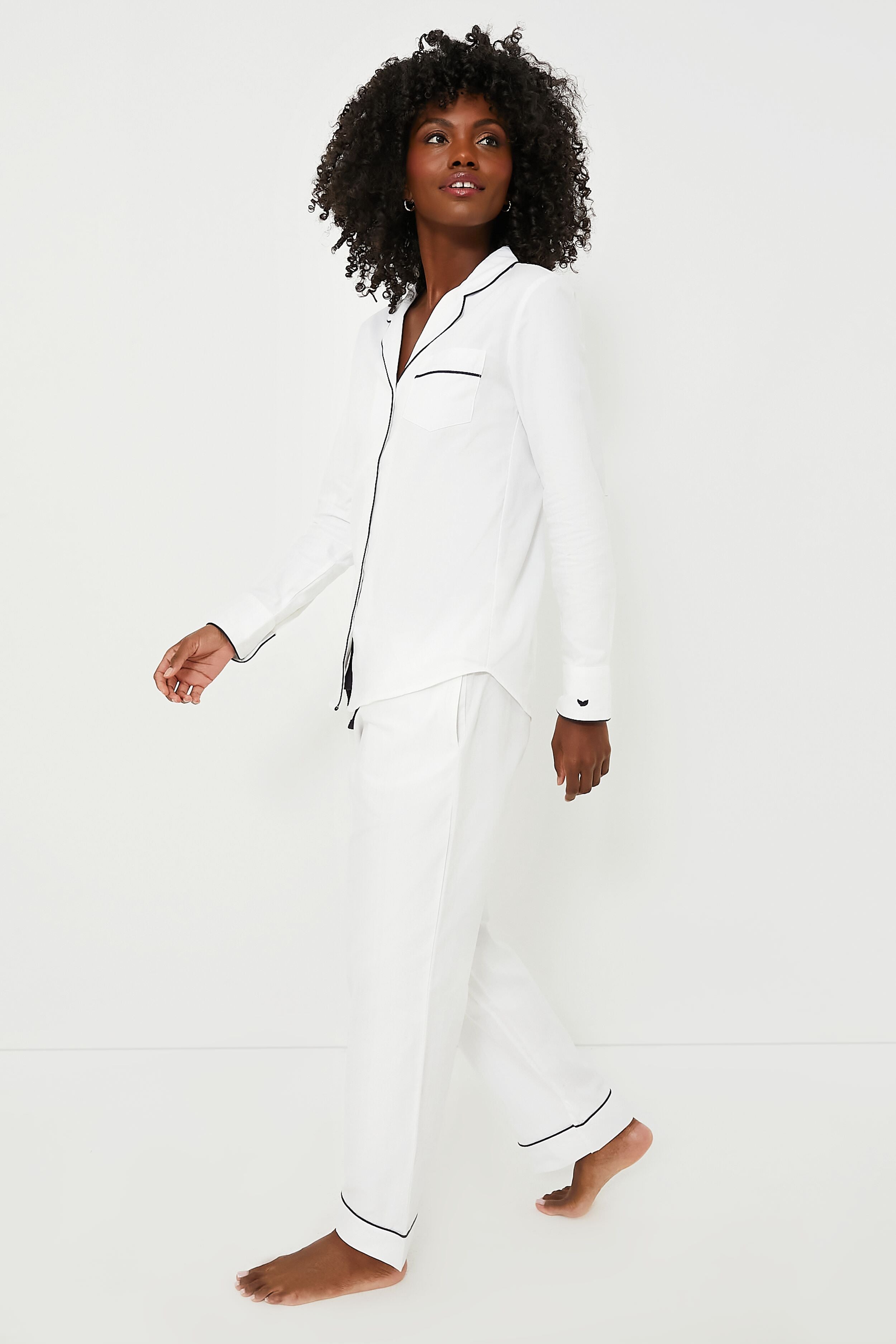 White Pajama Set with Navy Piping-Beilave