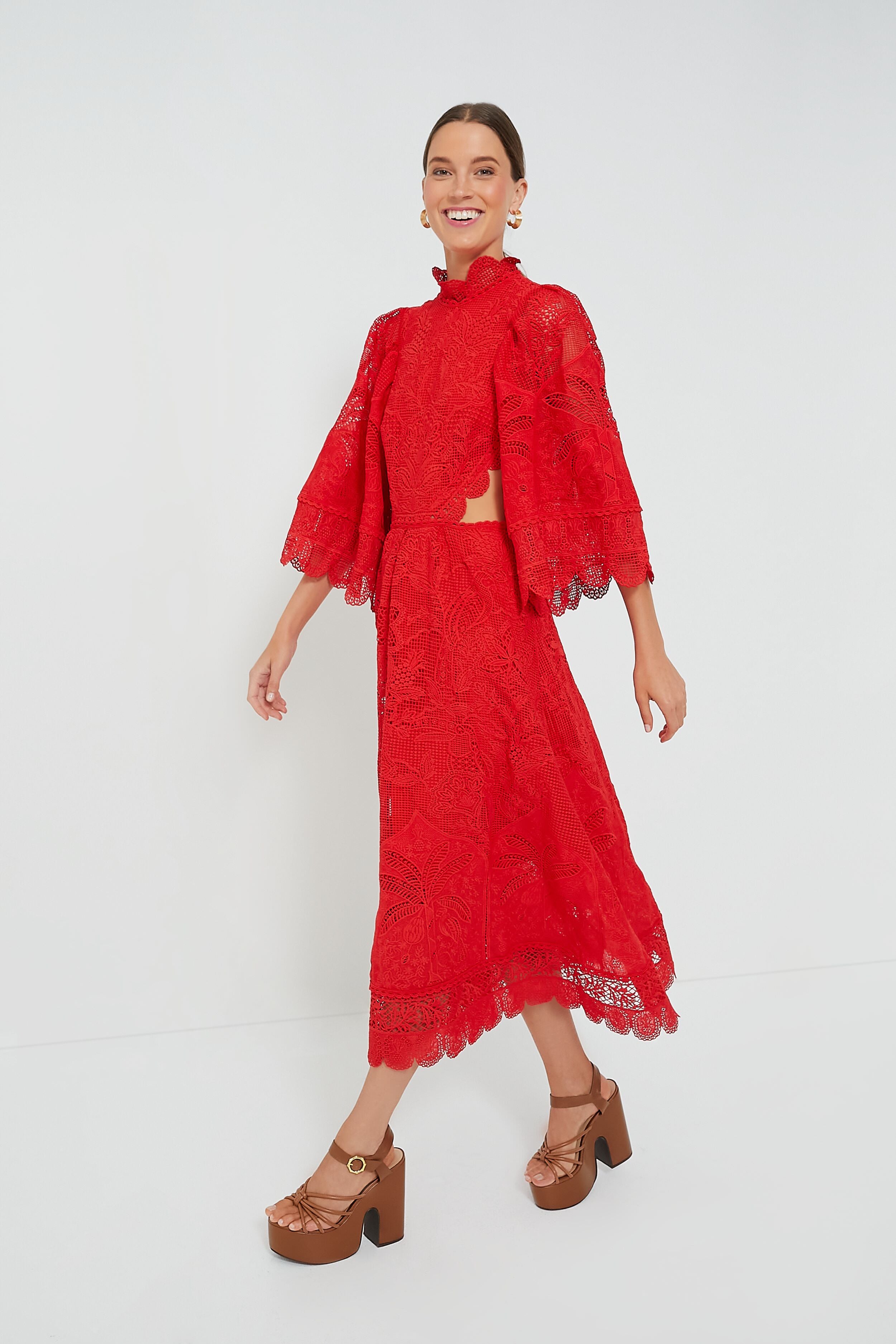 Red Guipure Cut Out Midi Dress-Beilave