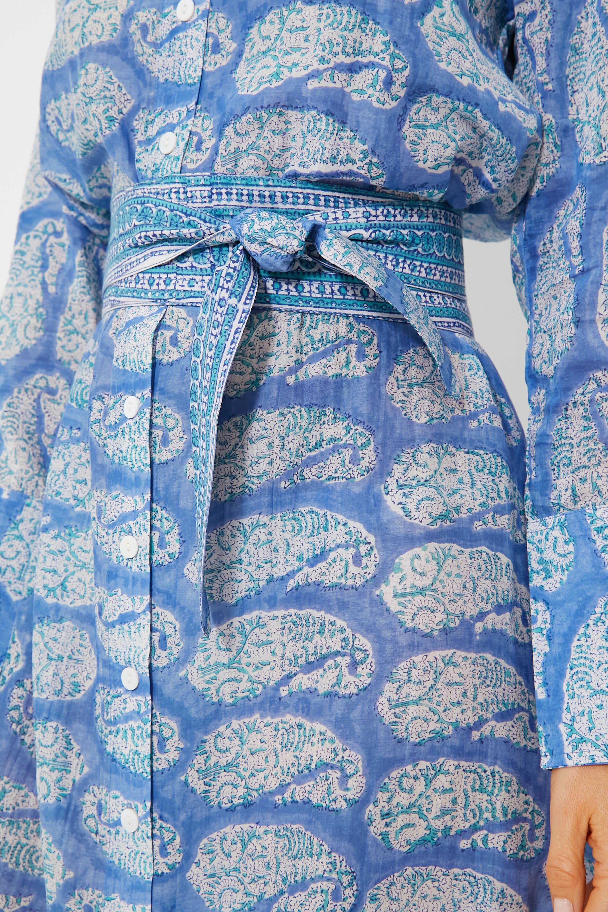 Blue Turq Paisley Oversized Maxi Shirt Dress-Beilave