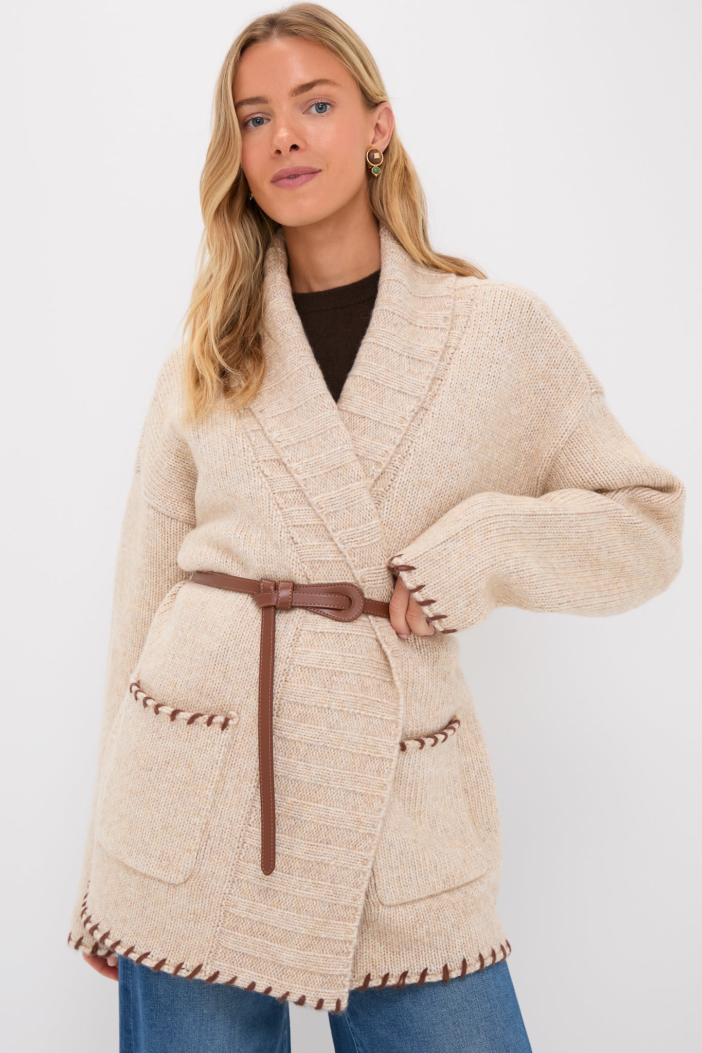 Sandstone Heather and Brown Blanket Stitch Harrow Cardigan-Beilave
