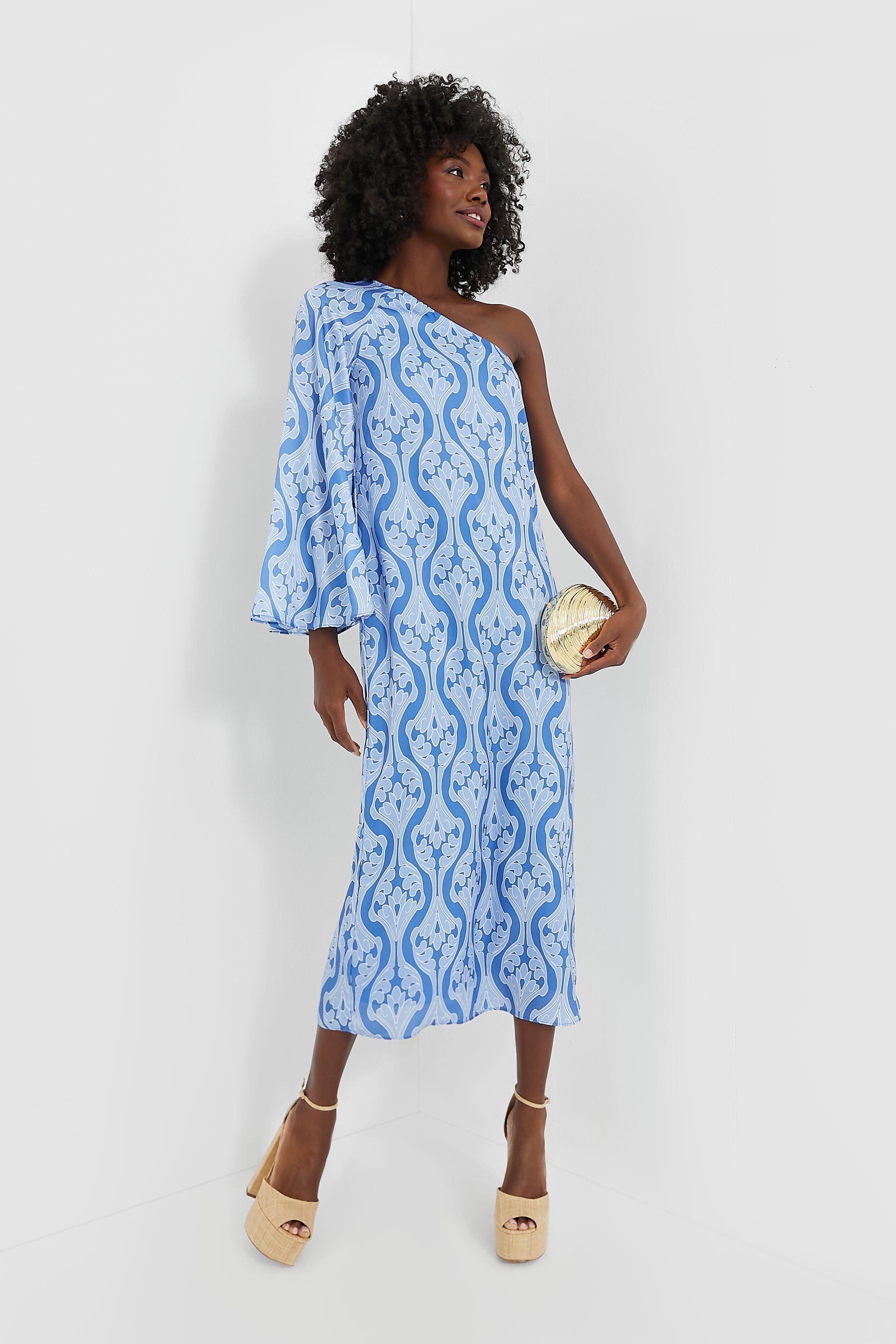 One Shoulder Blue Geometric Luna Dress-Beilave